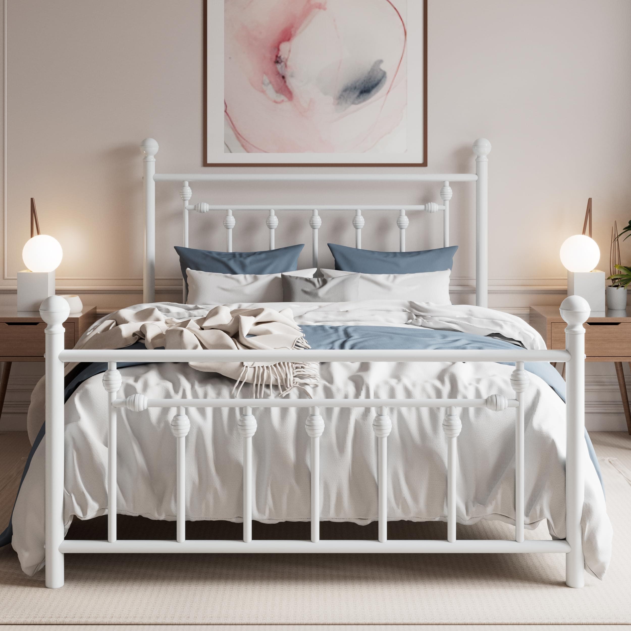 SHA CERLIN 14" Queen Size Metal Platform Bed Frame/Victorian Headboard and Footboard/Steel Slats Mattress Foundation for Storage/No Box Spring Needed/Noise Free/White