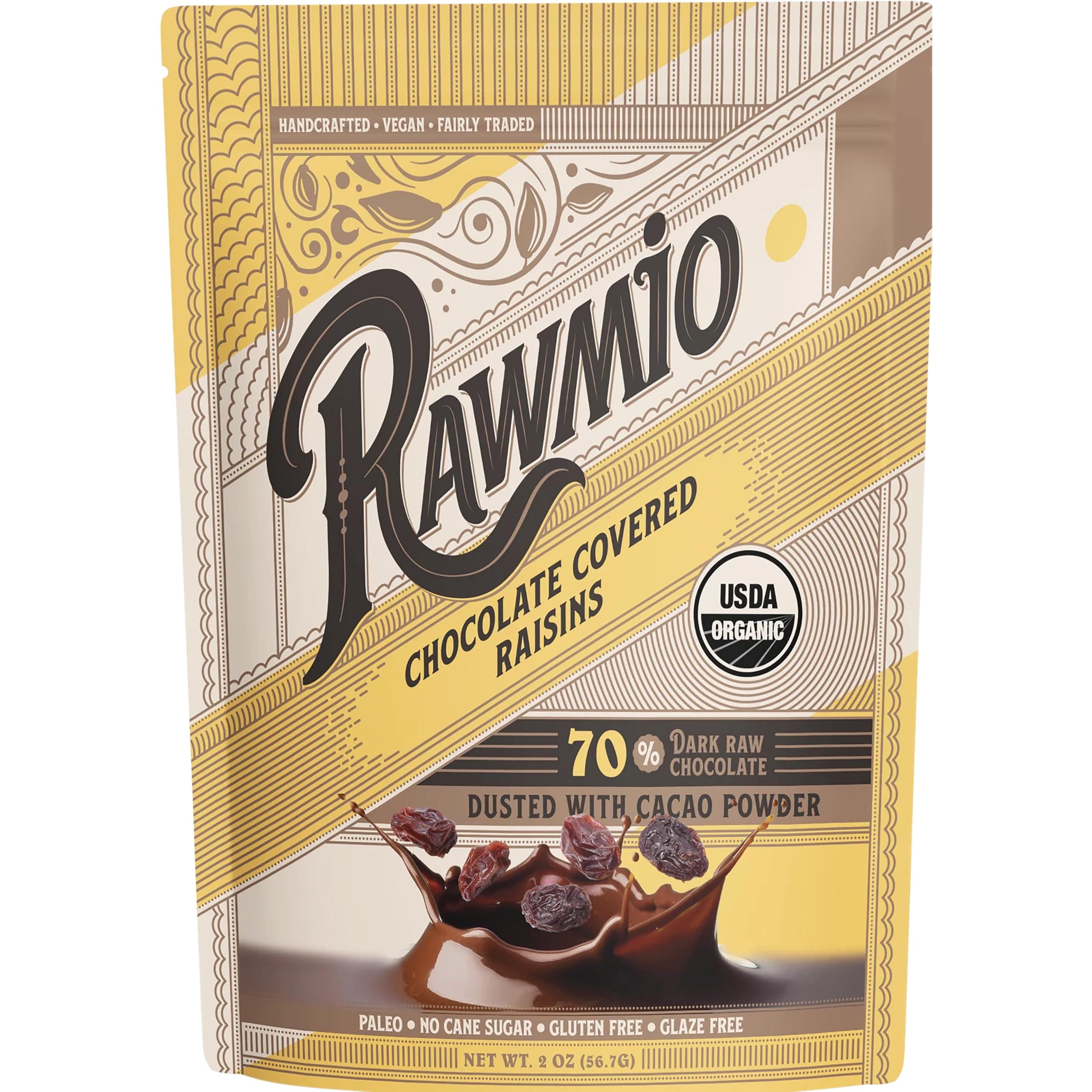 Rawmio Chocolate Covered Raisins - Organic, Raw, Vegan, 70% Dark Chocolate, 3 Packs, 2 oz.