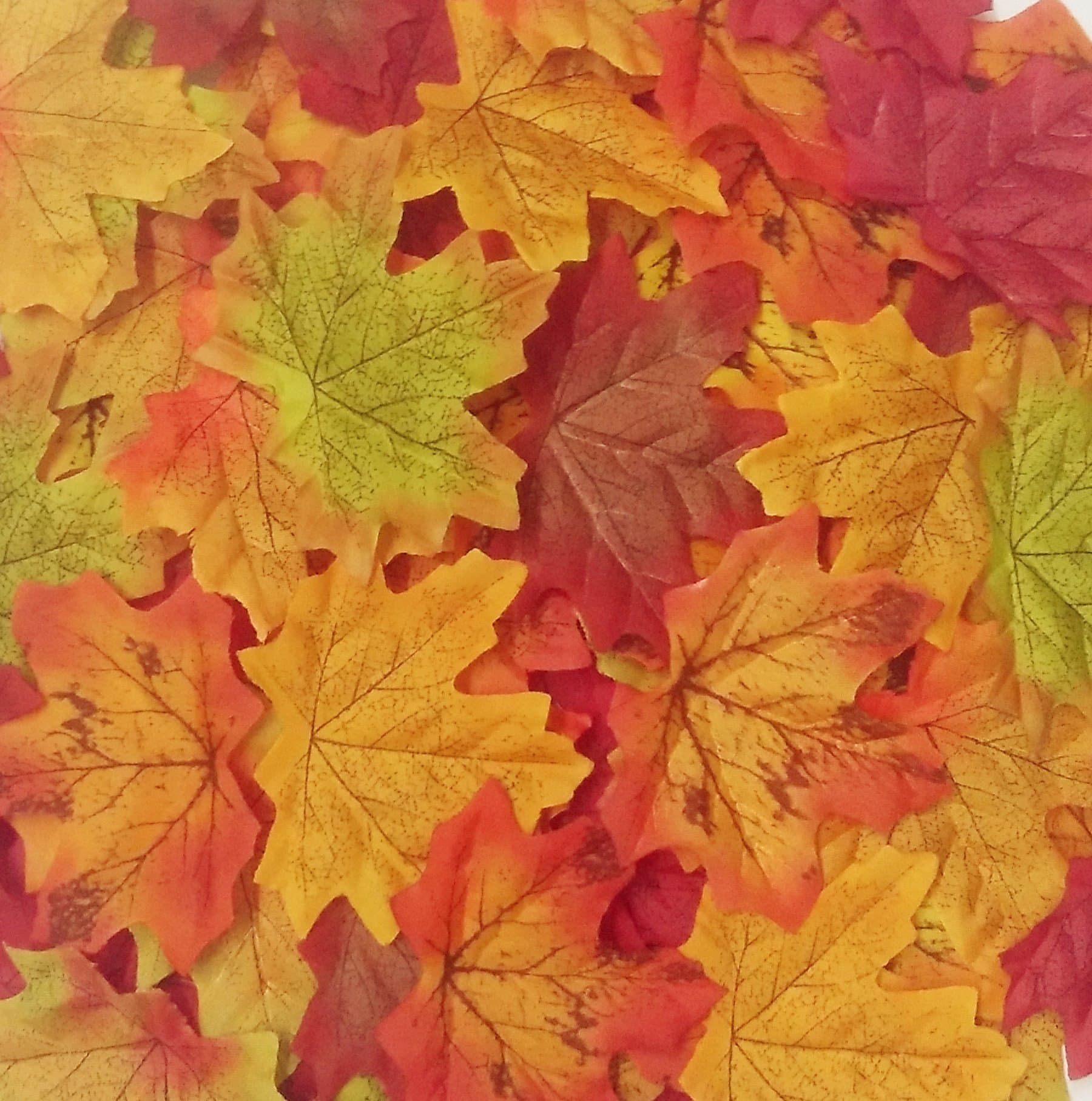 Senswalan Artificial Maple Leaves,500 pcs 10 Color Mixed Rich Fall Colored Leaves for Weddings Decorations or Christmas Party