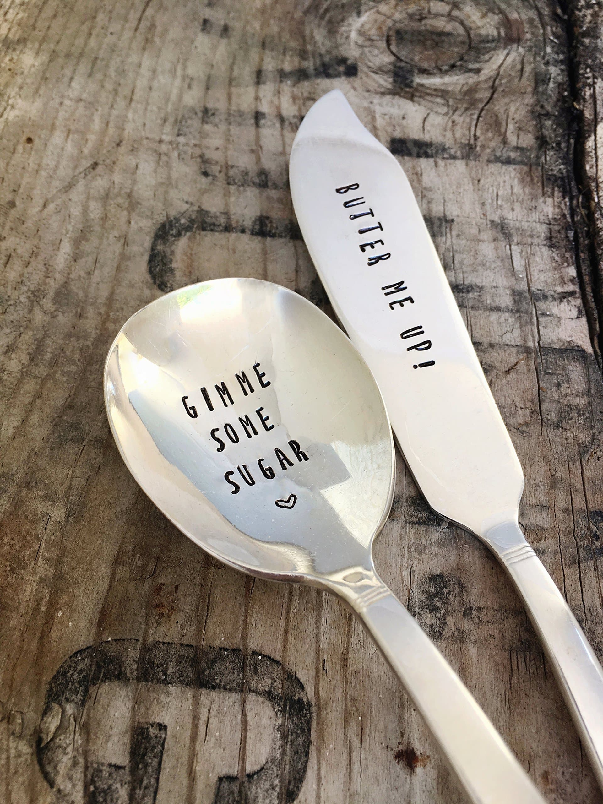 Hand Stamped Butter knife Sugar Spoon - Vintage Silver-plated - Butter Me Up! and Gimme Some Sugar