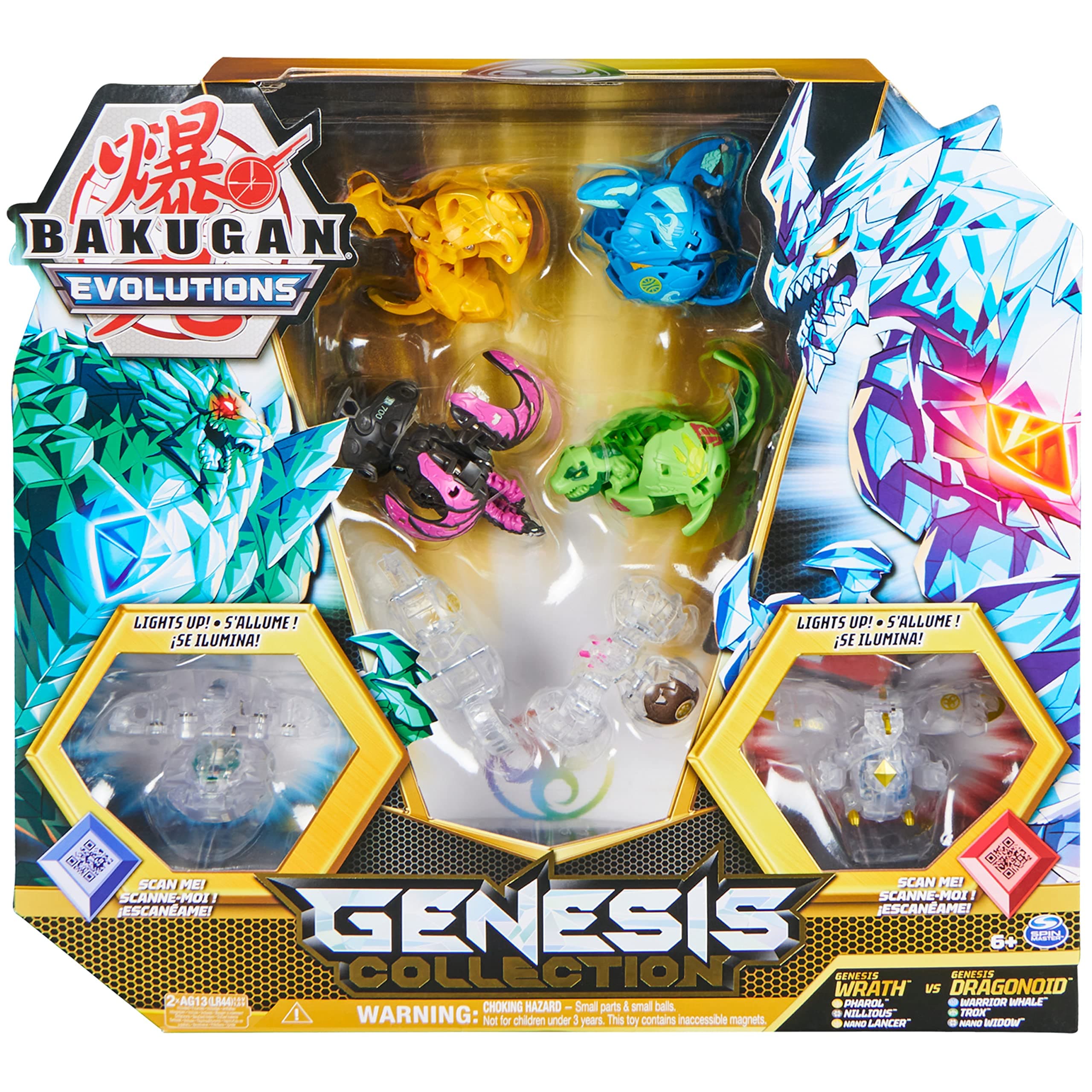 Bakugan Evolutions Genesis Collection Pack - 2 Light Up Action Figures, 4 Exclusive Bakugan, 2 Nanogan, 8 Cards, 4 BakuCores - Kids Toys for Boys Ages 6 and Up