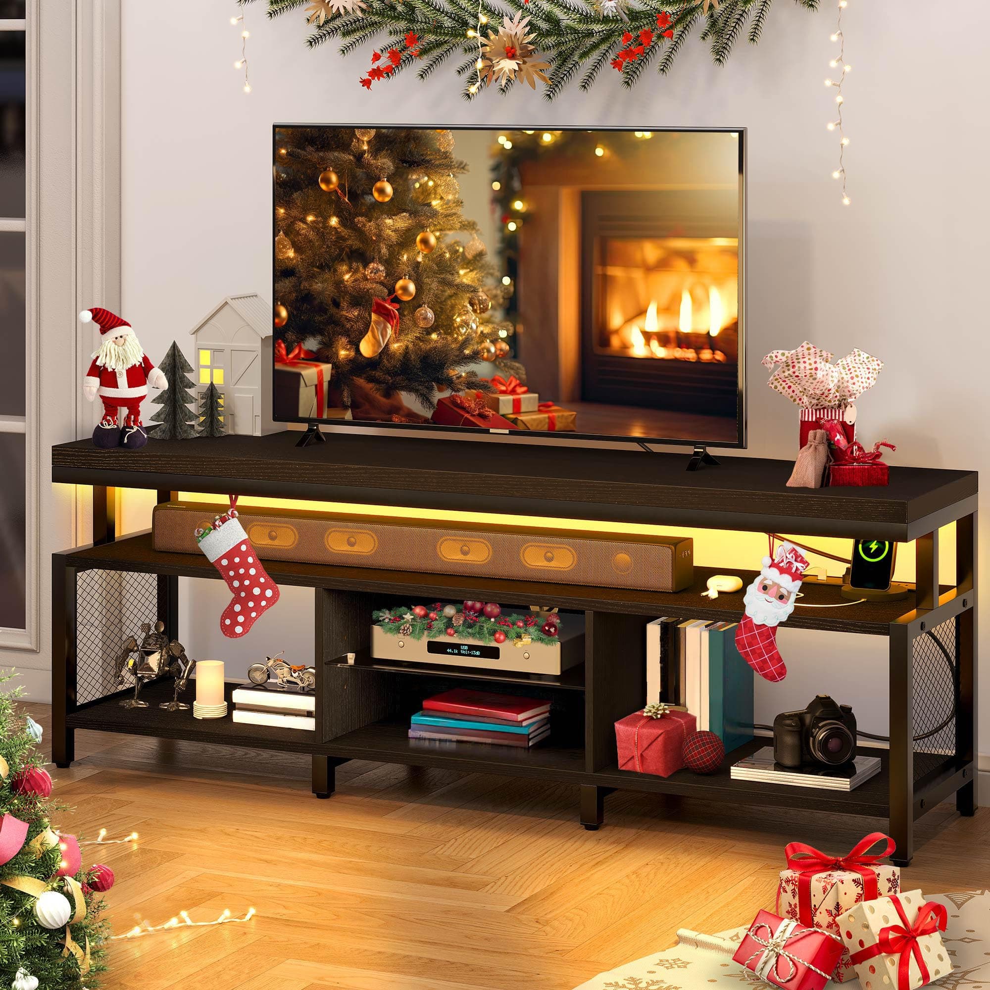 YITAHOME LED Television Stands w/Power Outlets for 70/65 inch, Modern Industrial TV Stand, Entertainment Center w/Open Storage TV Table, Entertainment Center for 360lbs for Living Room,Black