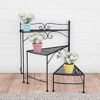 Pure Garden 50-LG1152 Plant Stand – 3-Tier Indoor or Outdoor Folding Spiral Stairs Wrought Iron Metal Home and Garden Display with Staggered Shelves (Black)