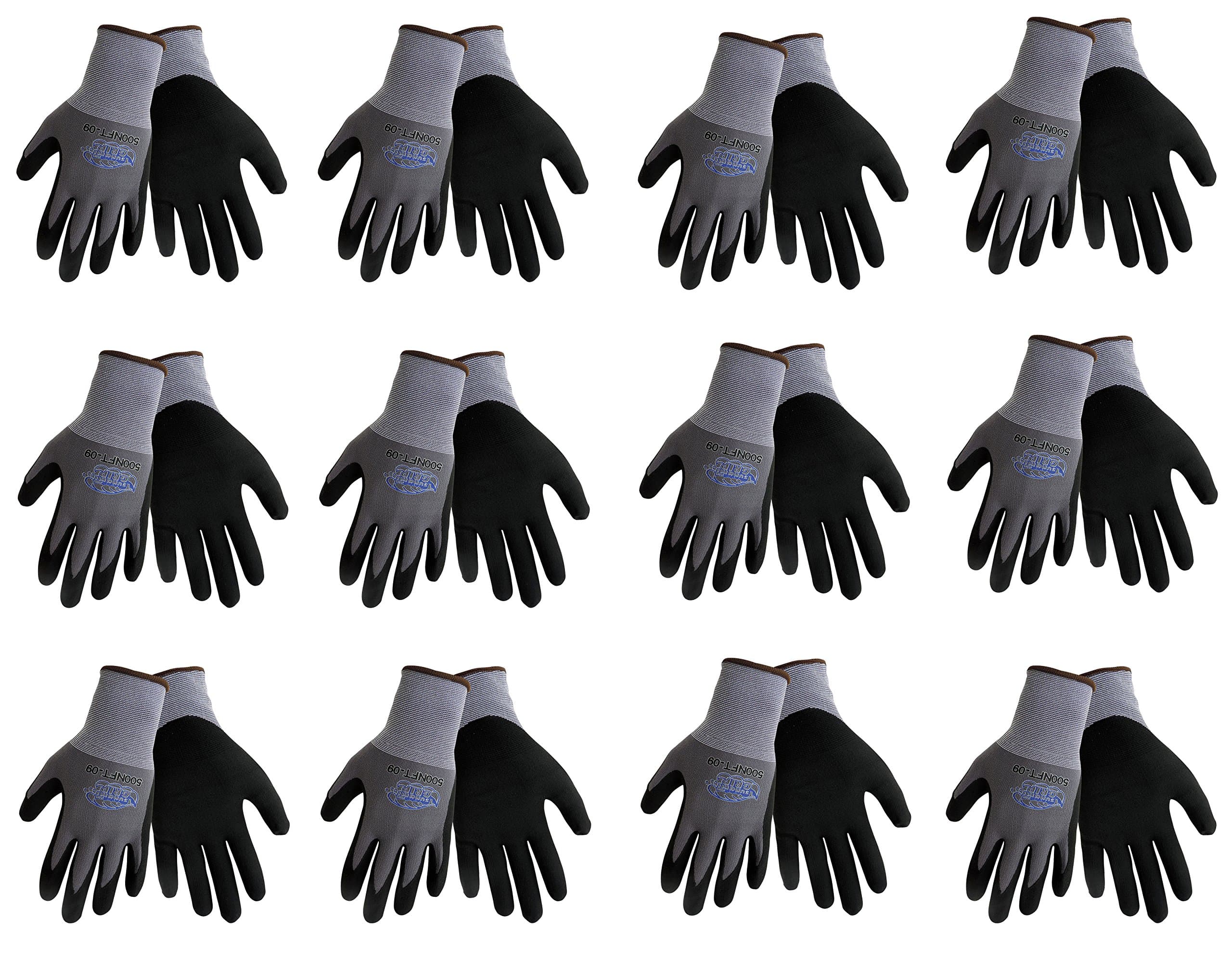 500NFT Nitrile Coated Work Gloves Sizes Small-XL, Gray/Black, (12 Pair Pack) (Large)