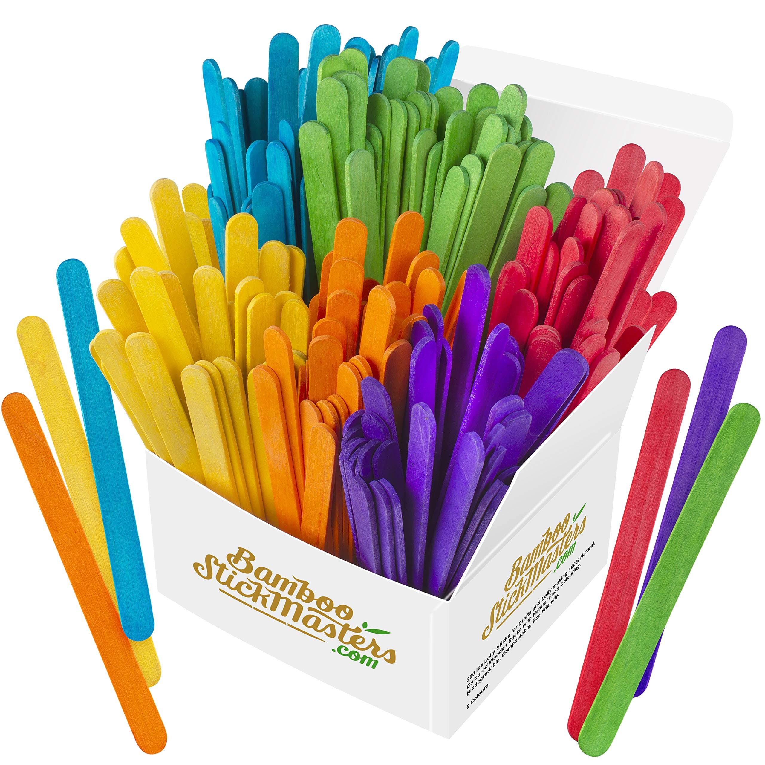 – BSM Multicoloured Lolly Sticks | 300 Coloured Wooden Lollipops Stick Pack | Ideal for Craft DIY Projects, Popsicles, Baking, Kids Activities & Plant Labels | 6 Colours (114x10x2mm)