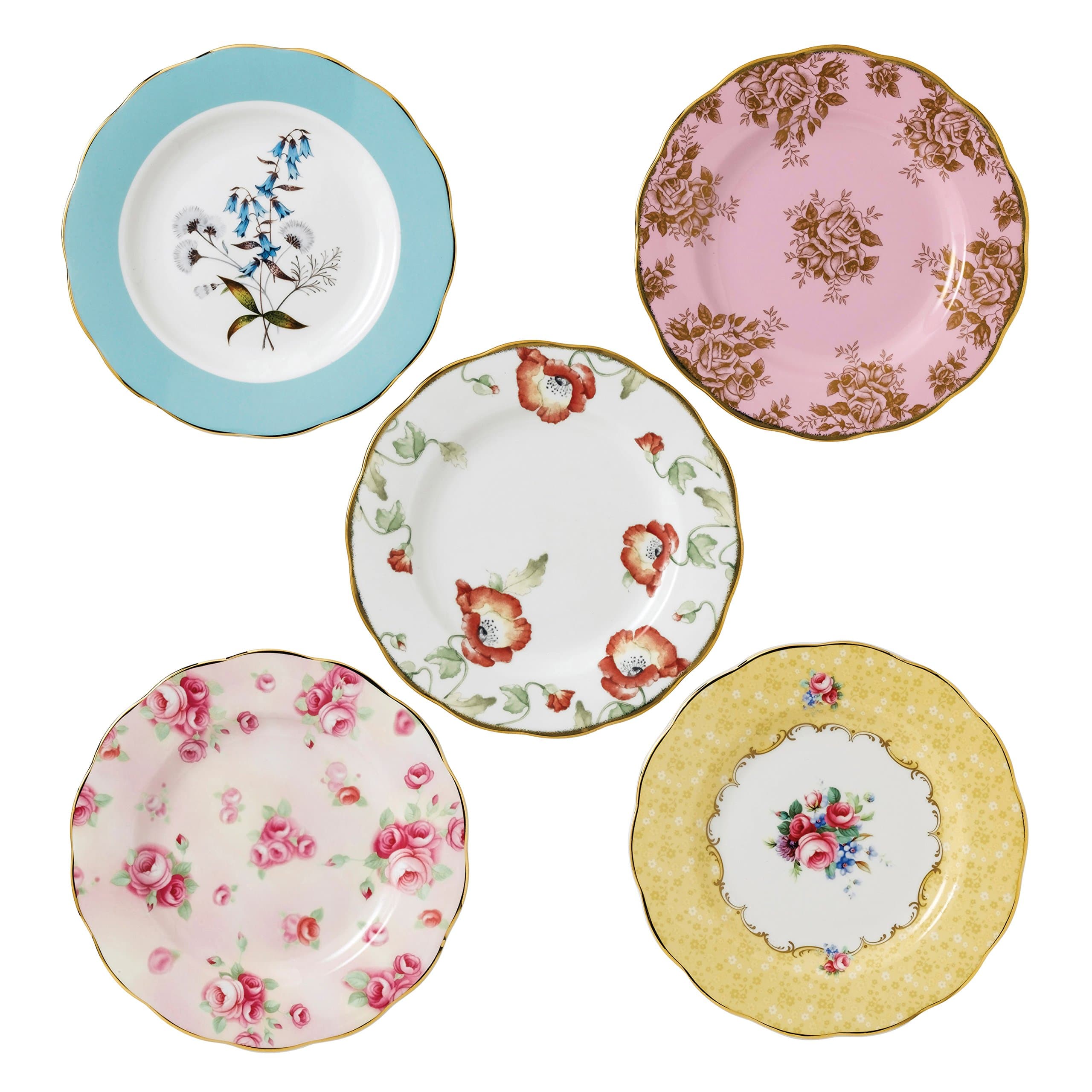 100 Years Anniversary Collection 1950-1990 5-Piece Plate Set, by Royal Albert, Mixed Patterns Multicolor Floral Print