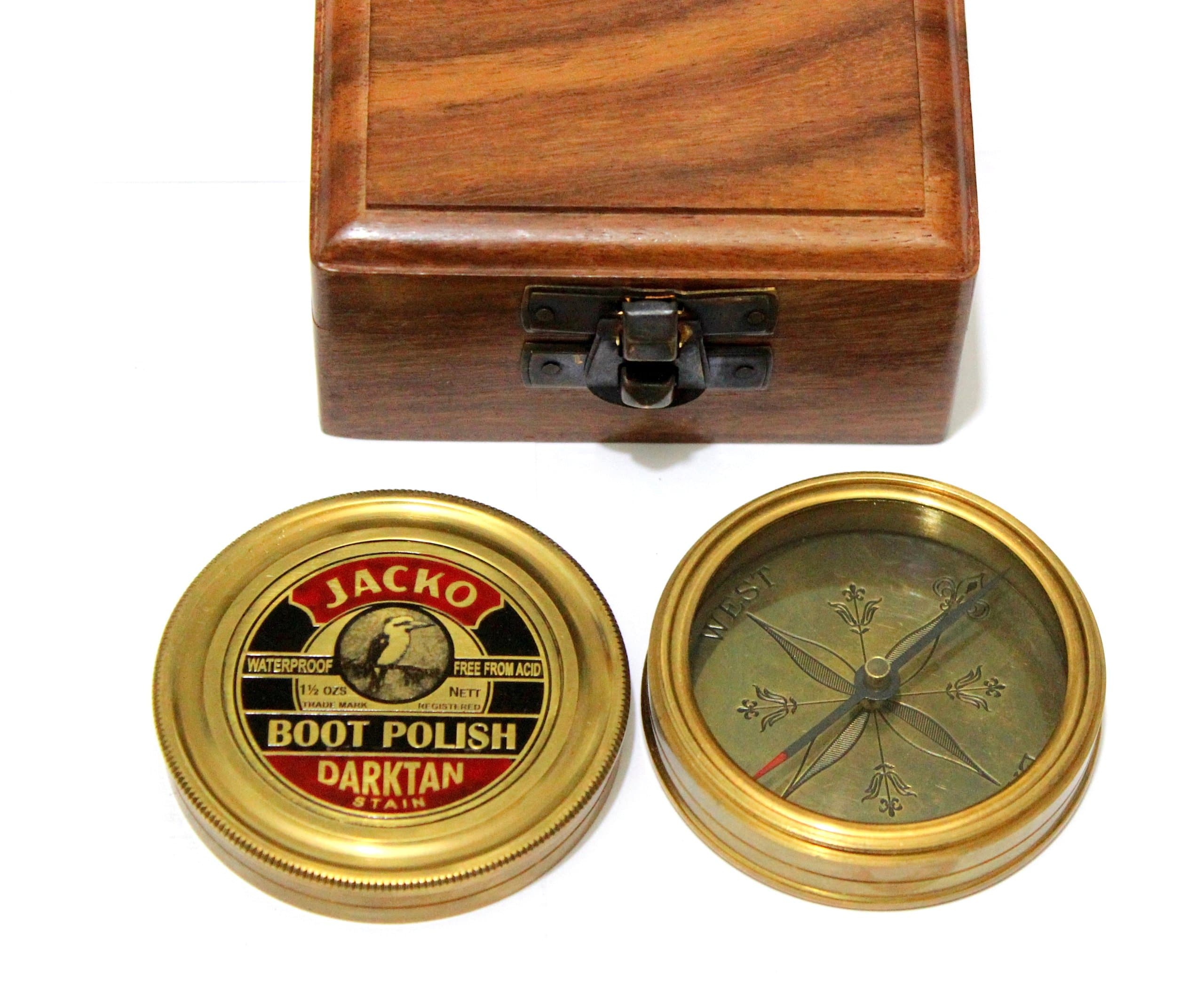 casanova nauticals Collectibles Brass Pocket Compass - JACKO Boot Polish Solid Brass Compass - With Wooden Box