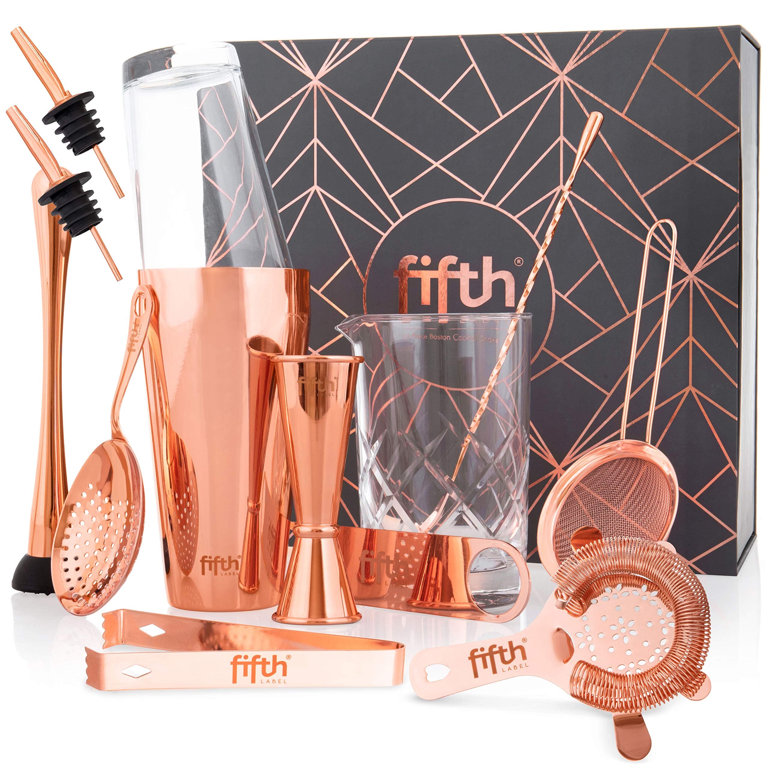 13-Piece Cocktail Shaker Set - Weighted Boston Shakers, Liquor Pourers, Japanese Double Jigger, Strainer, Mixing Glass, Spoon - Copper-Plated Bartending Kit - Mixology Equipment & Gifts