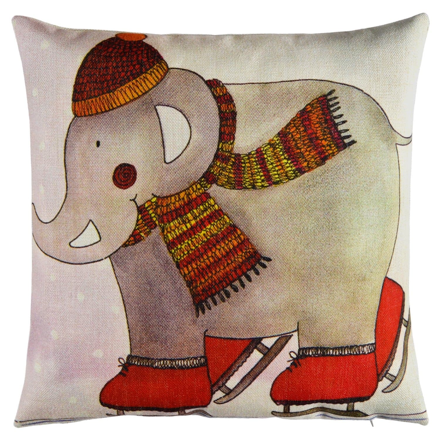 Elyhome 18x18 Inches Cartoon Little Elephant Skating Winter Theme Best Choice for Kid's Room Home Decor Cotton Linen Decorative Square Cushion Throw Pillow Cover