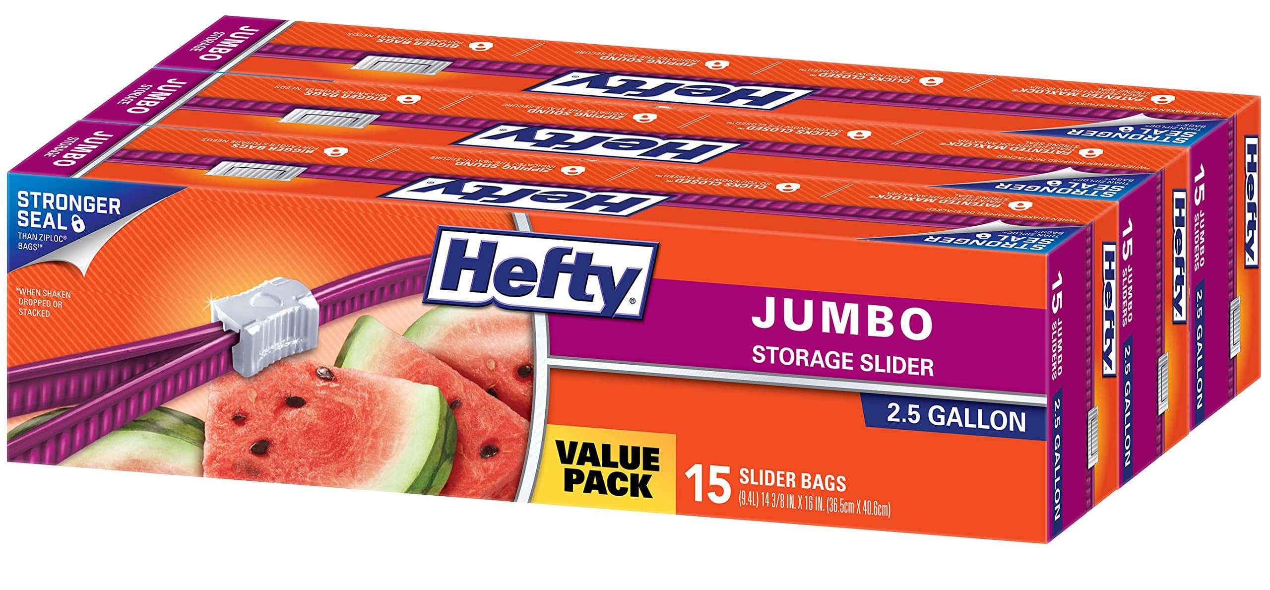 Slider Jumbo Storage Bags, 2.5 Gallon Size, 3 Boxes of 15 Bags (45 Total)