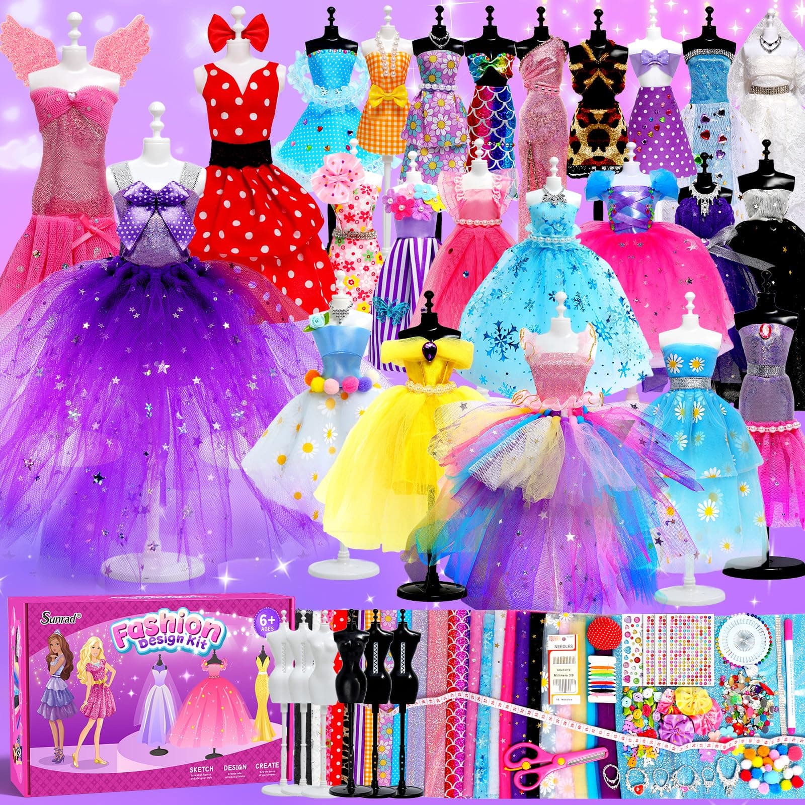 1500+ PCS Fashion Designer Kits for Girls with 6 Mannequins, DIY Arts & Crafts Sewing Kit for Kids Doll Clothes Making Toys, Birthday Gifts for Girls Age 6 7 8 9 10 11 12+