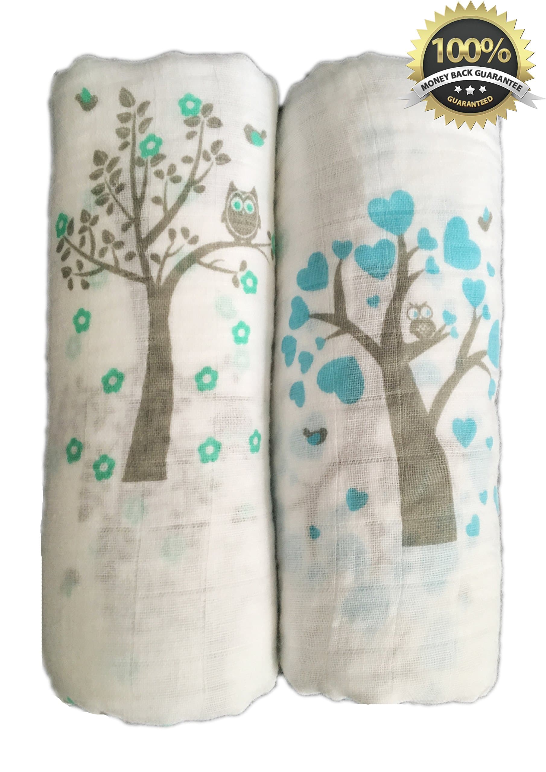Muslin Swaddle Blankets 2 Pack - Seben Baby - 47" x 47" - Unisex for Boys or Girls - Lifetime Guarantee (Owl Tree Bird)