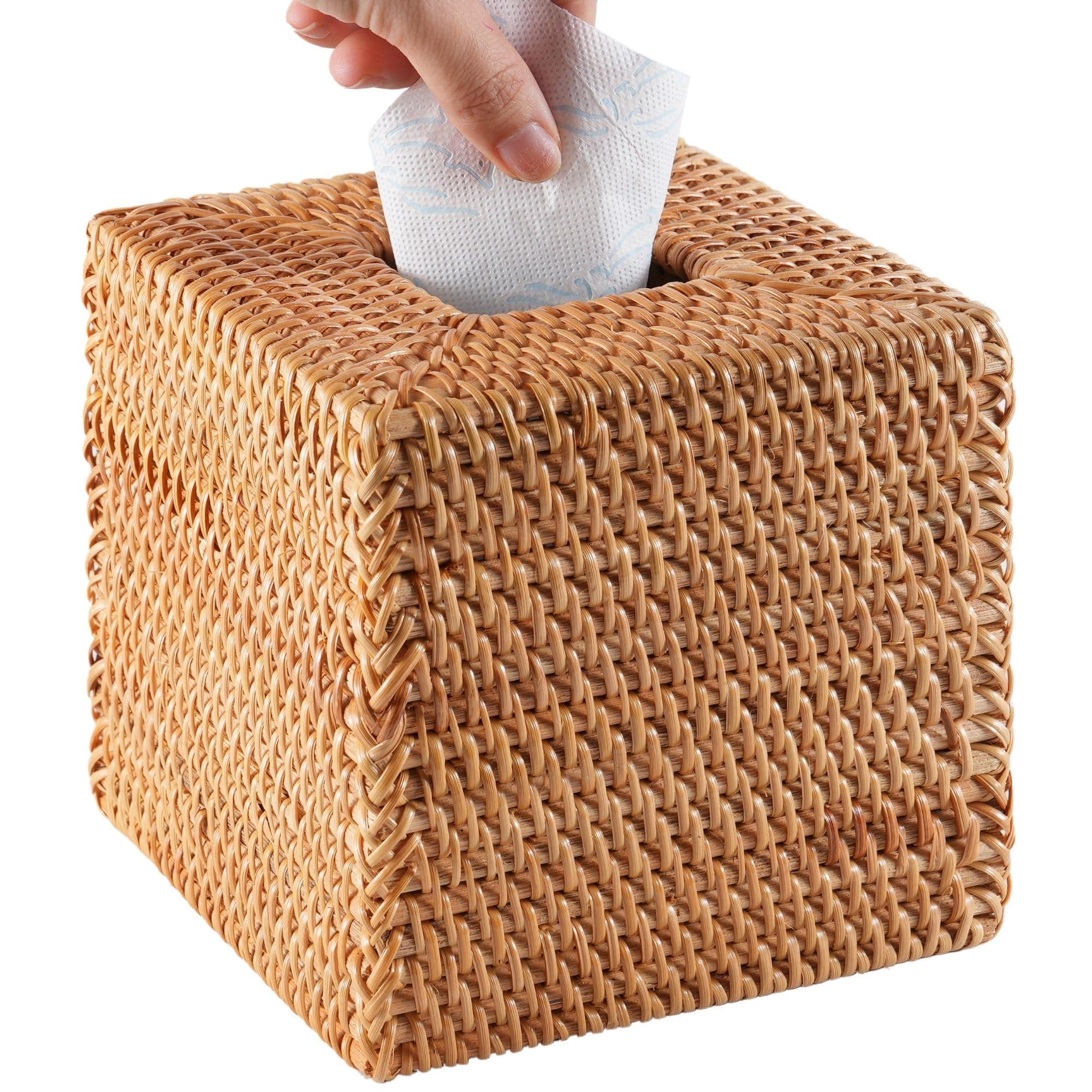 Rattan Tissue Box Cover Square, Hand Woven Wicker Tissue Holder, 5.7 x 5.7 X 5.7 Inch for Bathroom Vanity Countertop, Night Stands, Office Desk Natural (Square - Honey Brown)