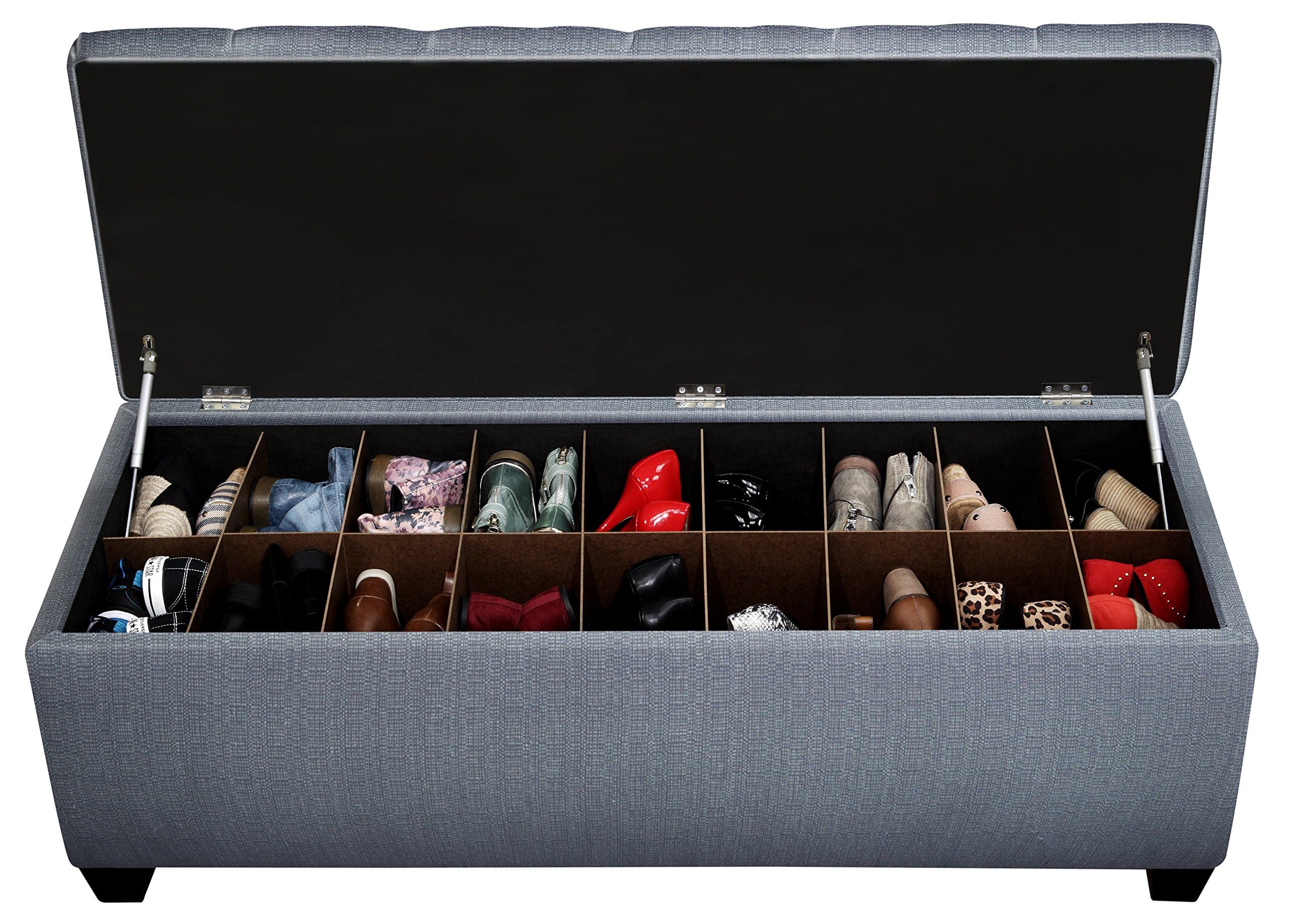 Button Tufted Shoe Ottoman Storage Bench for Bedroom or Entryway, Adjustable Wooden Inserts, Stores up to 36 Pairs, Easy-Open Hinged Lid, Large, Candice Bay Blue