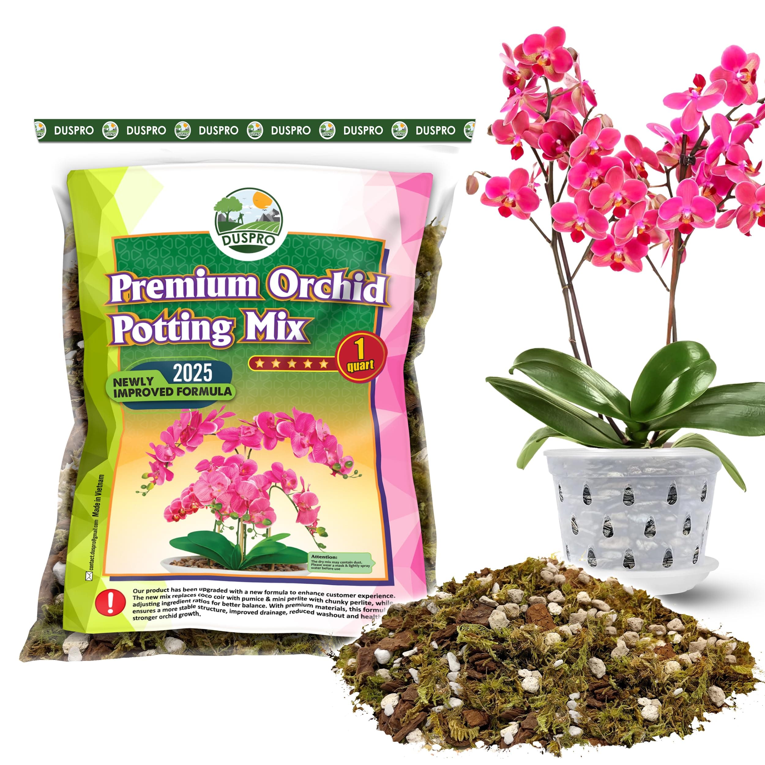 [Upgraded] Duspro Orchid Potting Mix For Repotting With Forest Moss, Pine Bark, Perlite & Pumice, Bark Mix, Soil, Drainage Indoor Potting, Pot Not Included,1 Qrt