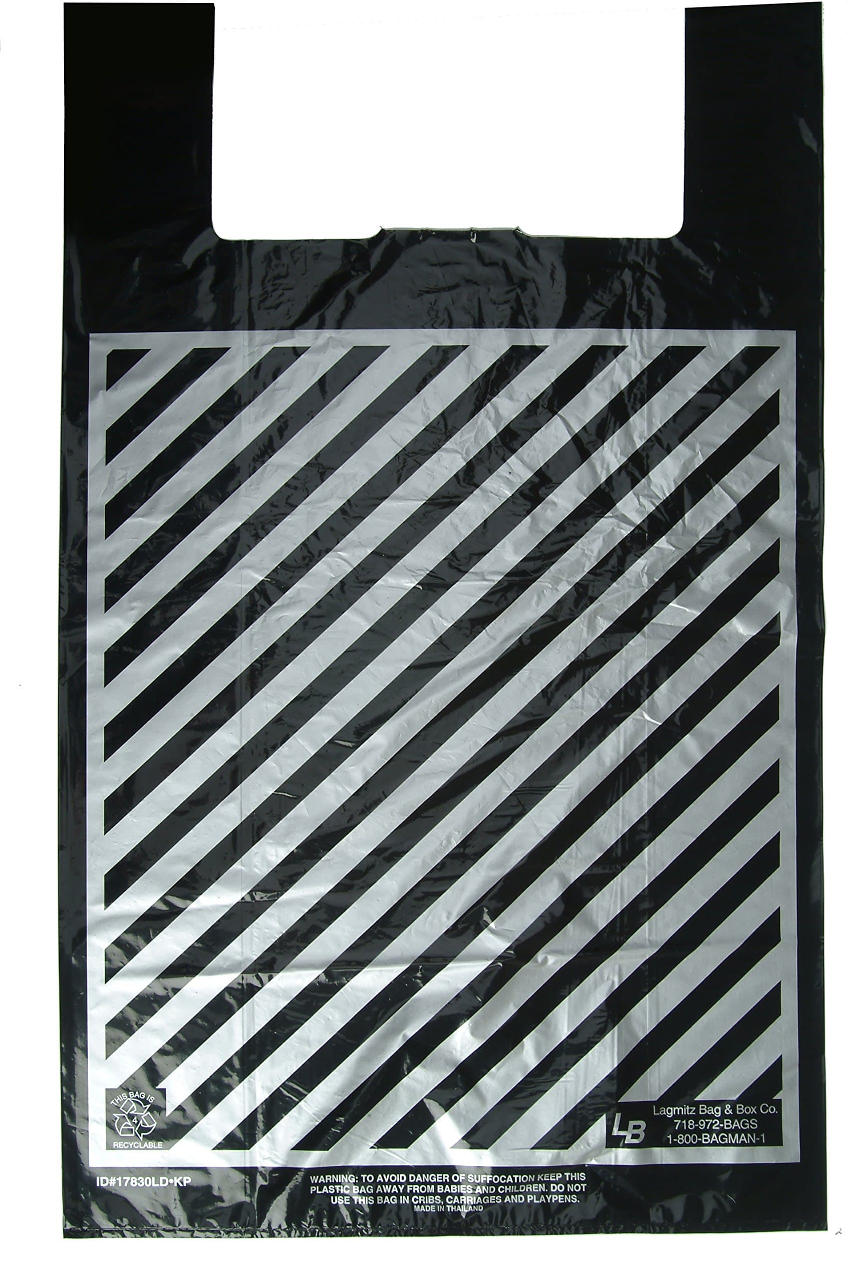Plastic Shopping Bags, 2,500pcs"Super Duper" Size:23x9x43, 20 Microns LITE Black Bags with Silver Stripes, 25.9 Cents Per Bag, 649.95 per case.