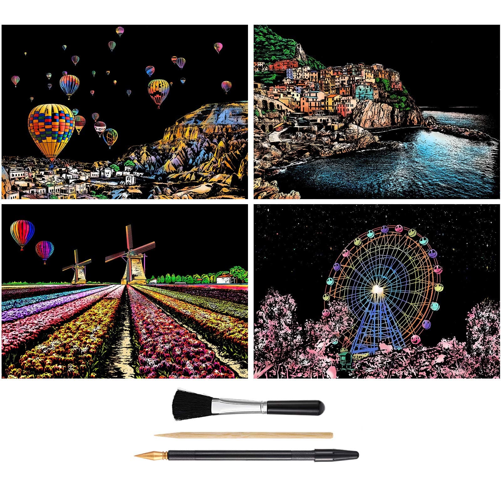 Rainbow Scratch Art Painting Paper (A4) for Kids & Adults, DIY Night View Scratchboard Set: 4 Sheets Scratch Cards & Drawing Pen, Clean Brush (Cinque Terre / Windmill / Hot Air Balloon / Ferris Wheel)