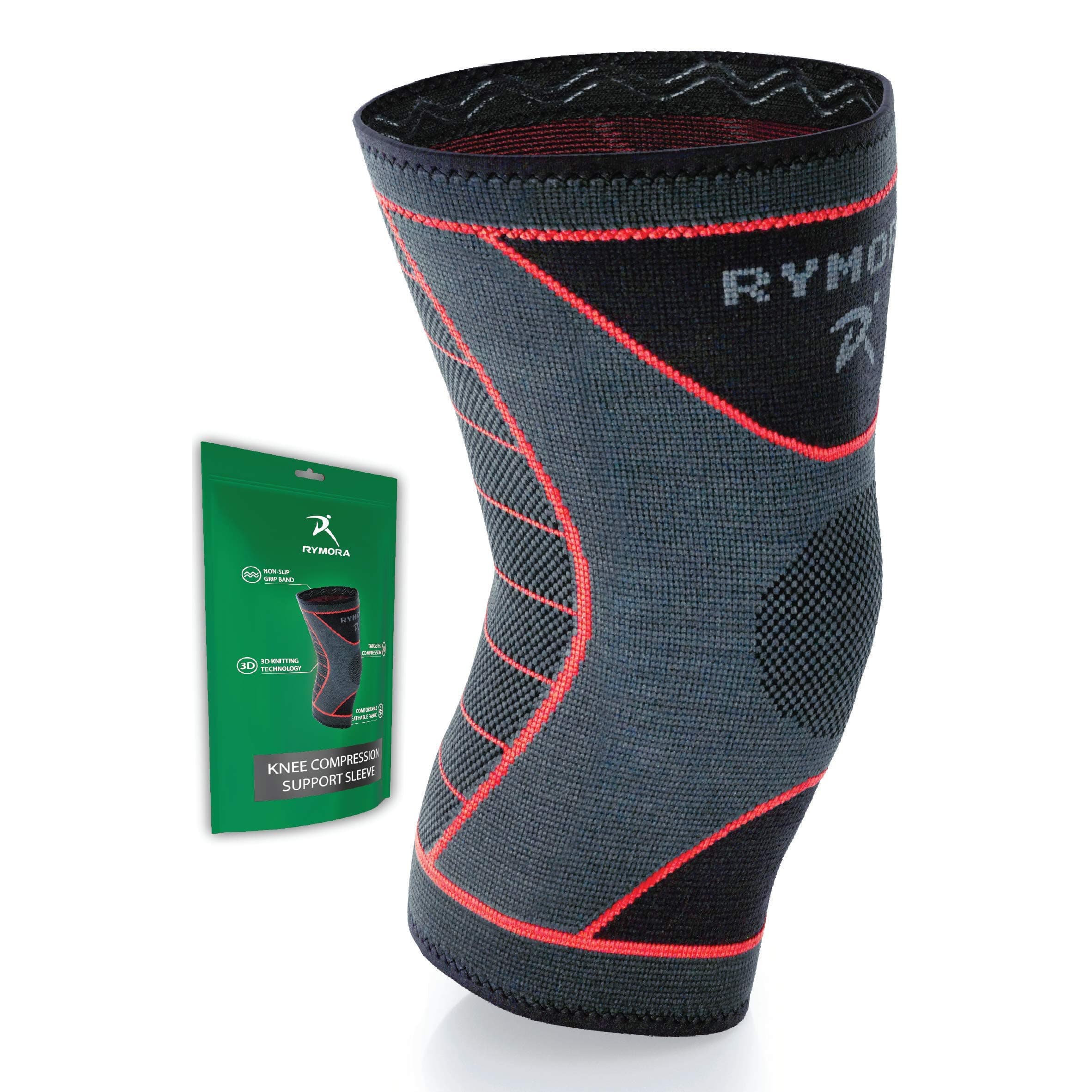 Rymora Knee Support for Men and Women - Compression Sleeve to Ease Knee Discomfort - Great for Running, Sports & Everyday Wear (Grey) (Single Sleeve) (Large) [L]