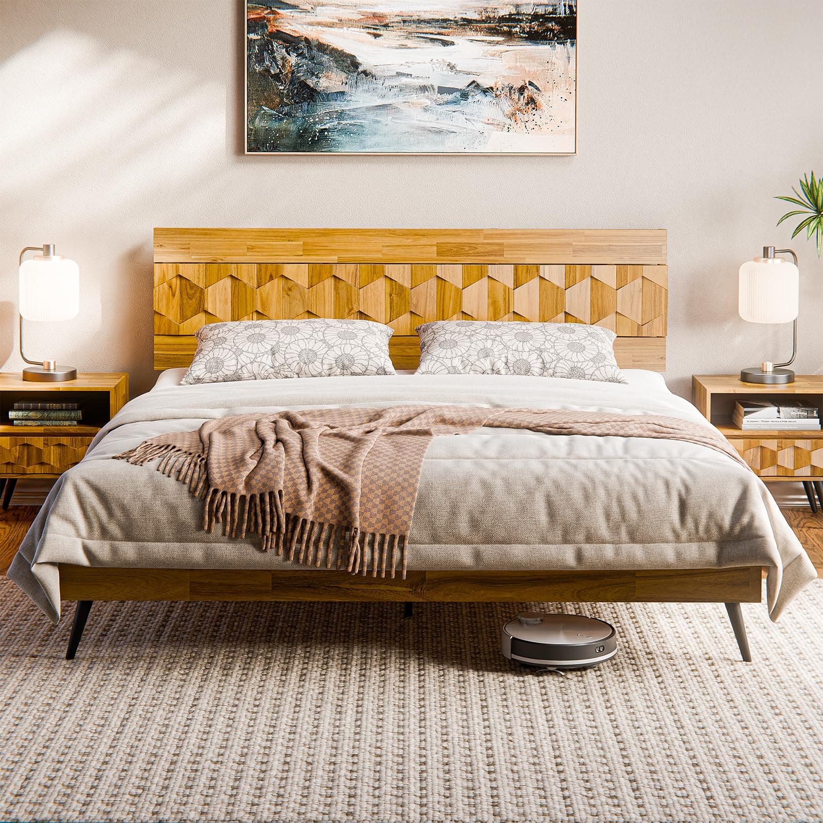 Georgina Signature Bed Frame with Handcrafted Geometric Headboard, Mid Century Modern, Solid Acacia Wood, No Box Spring Needed, 12 Strong Wood Slats Support, Easy Assembly, Teak Brown, King