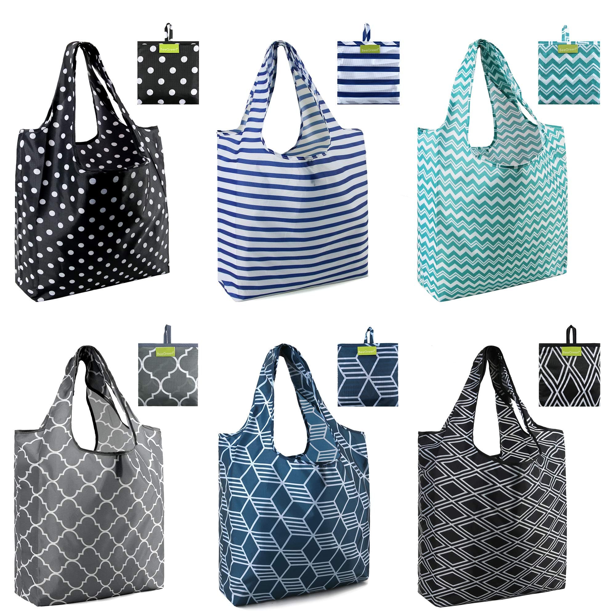 BeeGreen Grocery Bags | Reusable Gift Bags, Large Tote for Women & Foldable Beach Bag - 6 Pack Reusable Bag With Handles | Collapsible Cute Cloth Storage for Market, Holiday & Shopping | Washable​