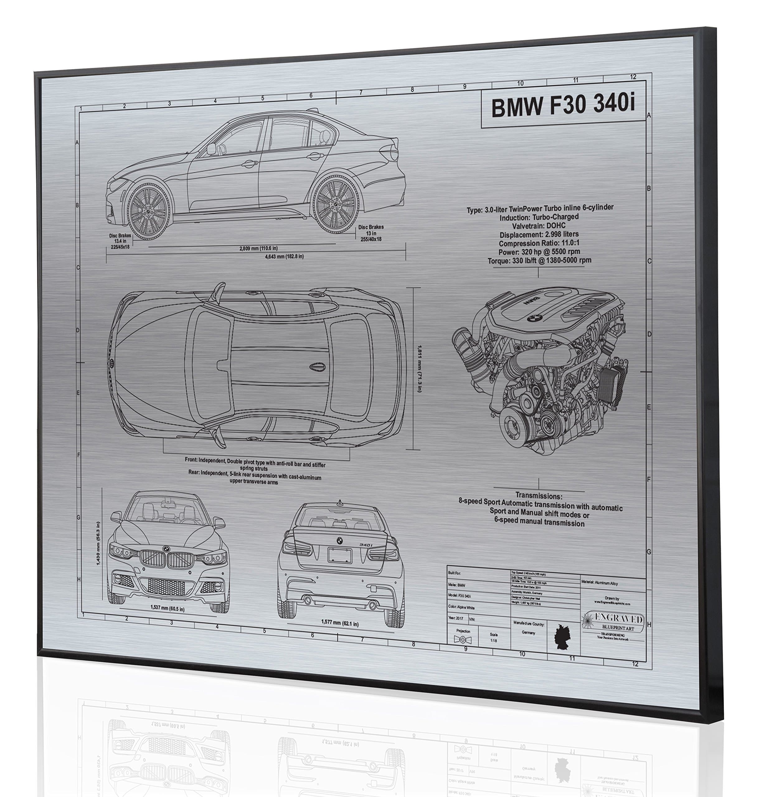 Engraved Blueprint Art compatible with BMW F30 340i Blueprint Artwork-Laser Marked & Personalized-The Perfect BMW Gifts