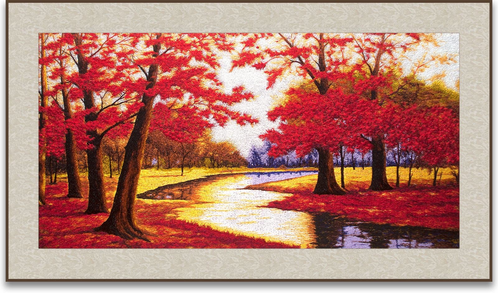 Art of Silk Hand Designed Silk Art - Red Maples (Medium) - Silk Embroidery - Unframed