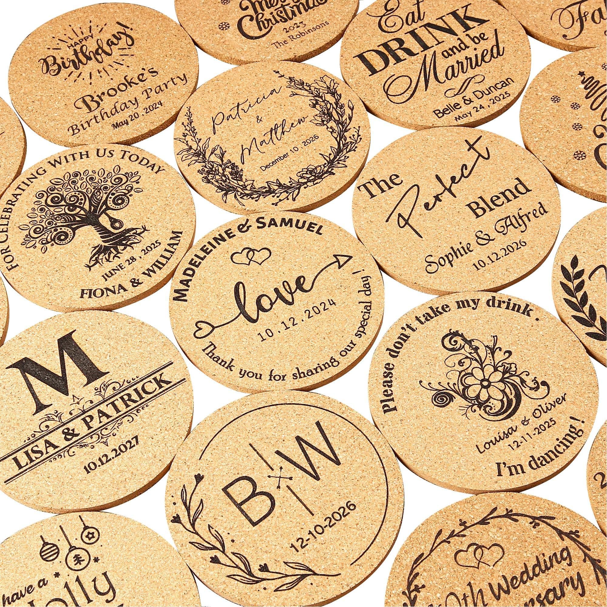 Set of 20-100, Personalized Cork Coasters, Wedding Favors for Guests, Custom Coasters, Bridal Gift, Wedding Gift, Business Promotional Items