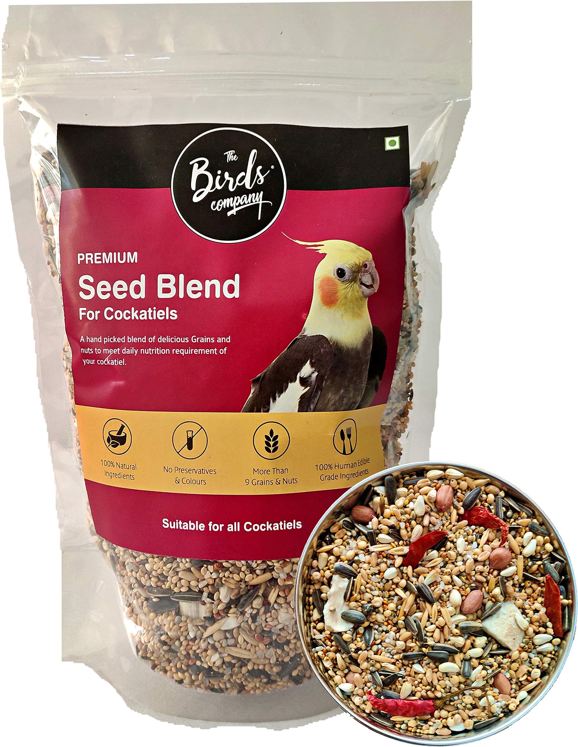 All Life Stages Premium Seed Blend of 9 Grains & Nuts, Fortified with Spirulina & Cuttlefish Bone, Bird Food for Cockatiels, 450 g