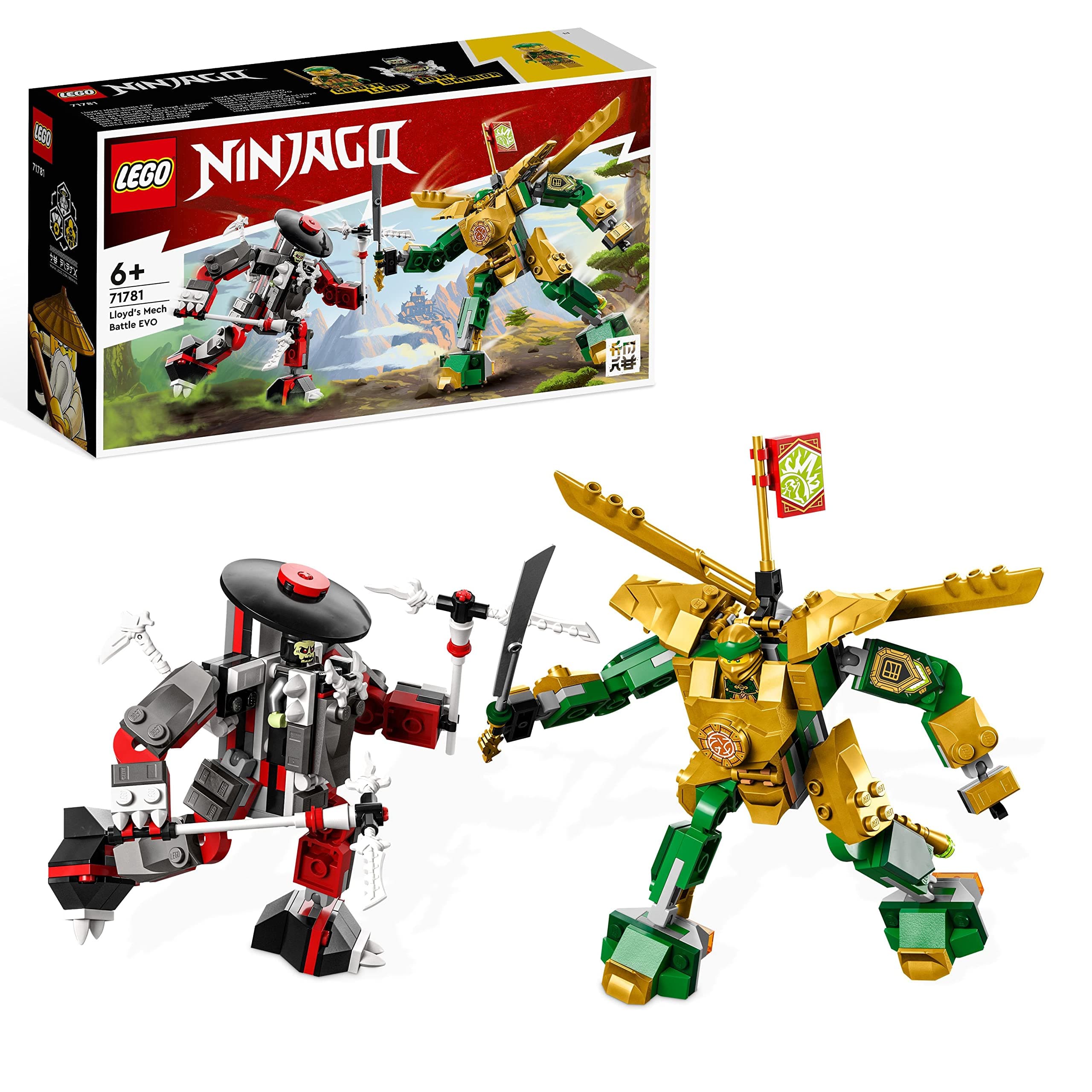 71781 NINJAGO Lloyd’s Mech Battle EVO, 2 Action Figures Set with Upgradable Figure, Toy for Kids Aged 6 Plus with Bone Warrior and Golden Lloyd Minifigures