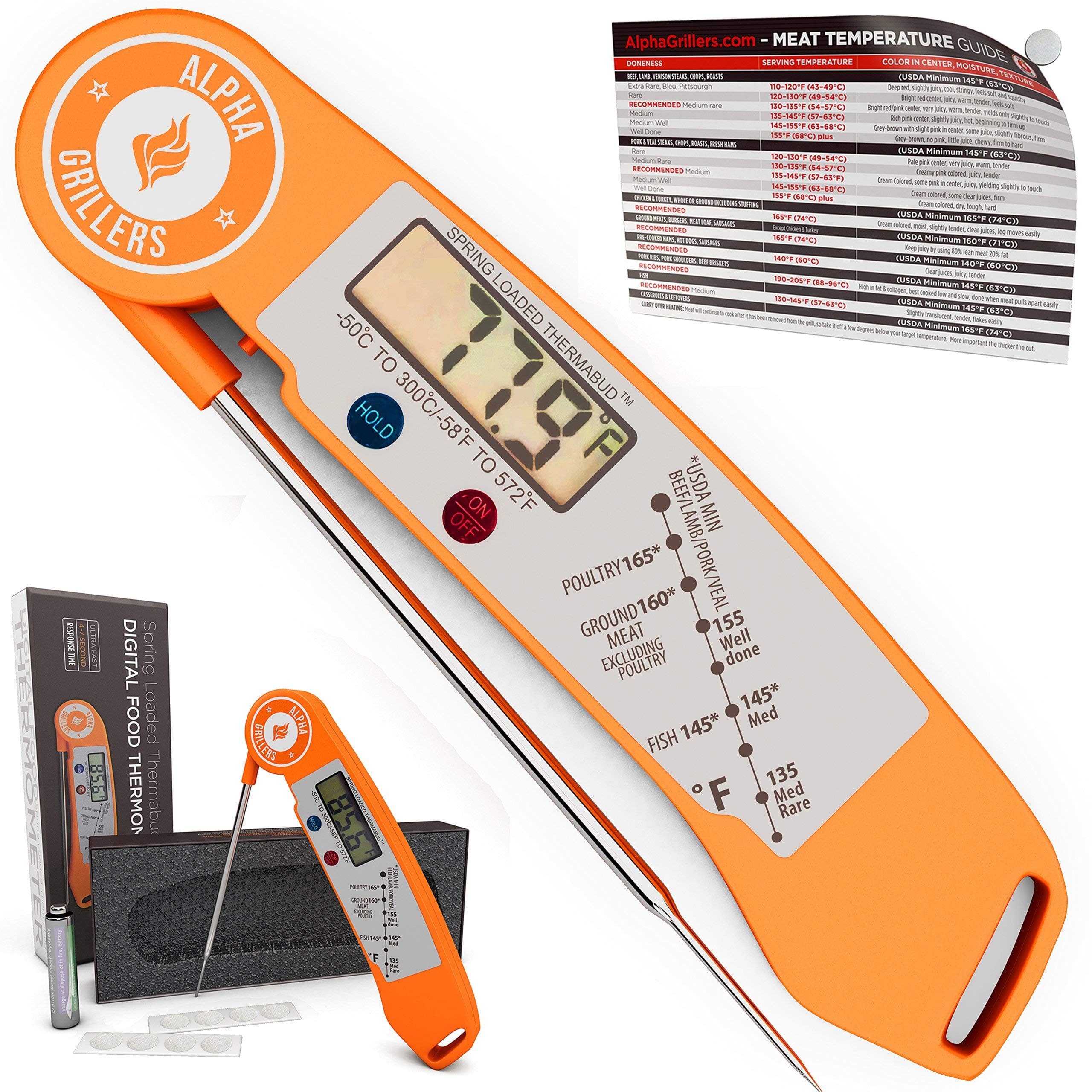 Alpha Grillers Instant Read BBQ Meat Thermometer For Grill And Cooking. Sold In Elegant Gift Box. Best Ultra Fast Digital Food Probe. Includes Internal Meat Temperature Guide. Spring Loaded