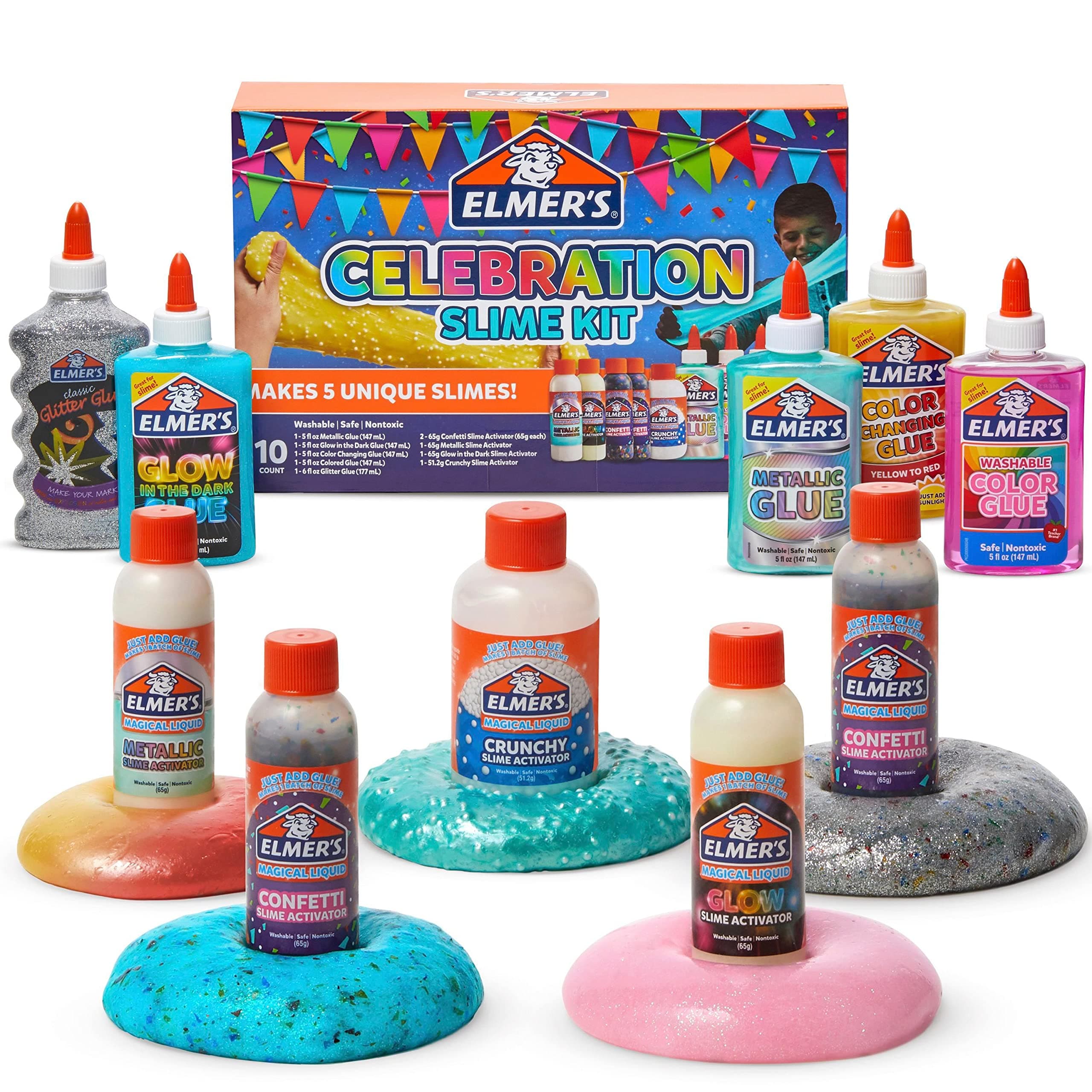 Elmer’S Celebration Slime Kit | Slime Supplies Include Assorted Magical Liquid Slime Activators and Assorted Liquid Glues, 10 Count