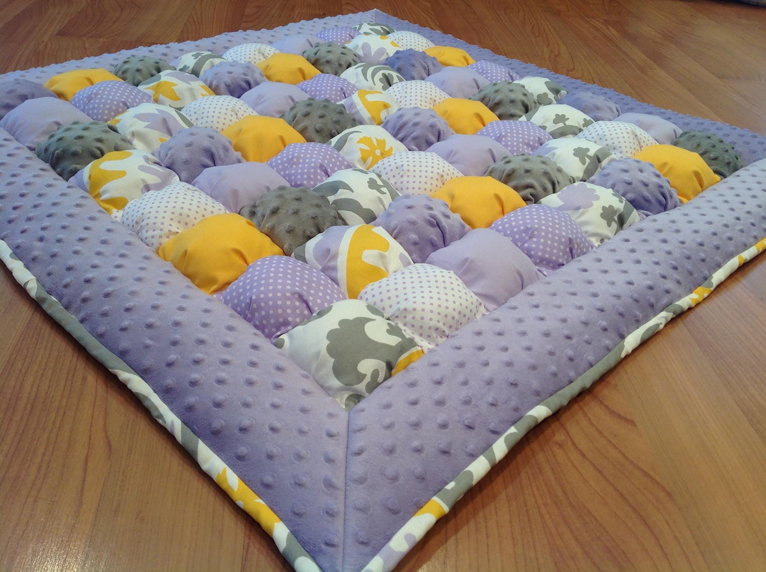 Bubble Puff Quilt for Floor Time Tummy Time in Gray, Lavender and Yellow