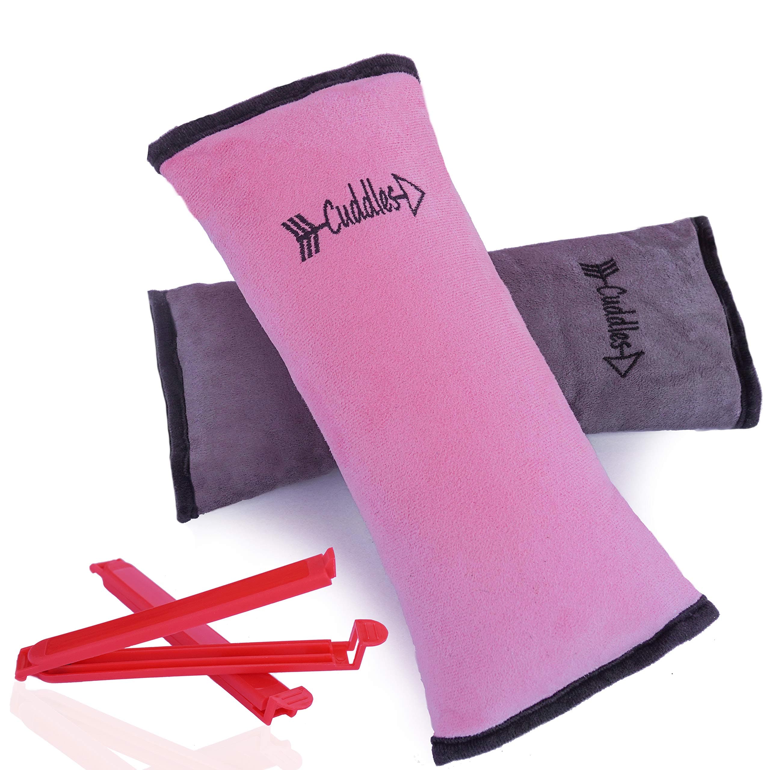 Seat Belt Pillow for Kids by Cuddles | Child Seatbelt Shoulder Pad Cover for Booster & Car Seat Accessories| Toddler Safety Strap Head & Neck Support Travel Cushion, Washable Headrest Pink Gray Girl