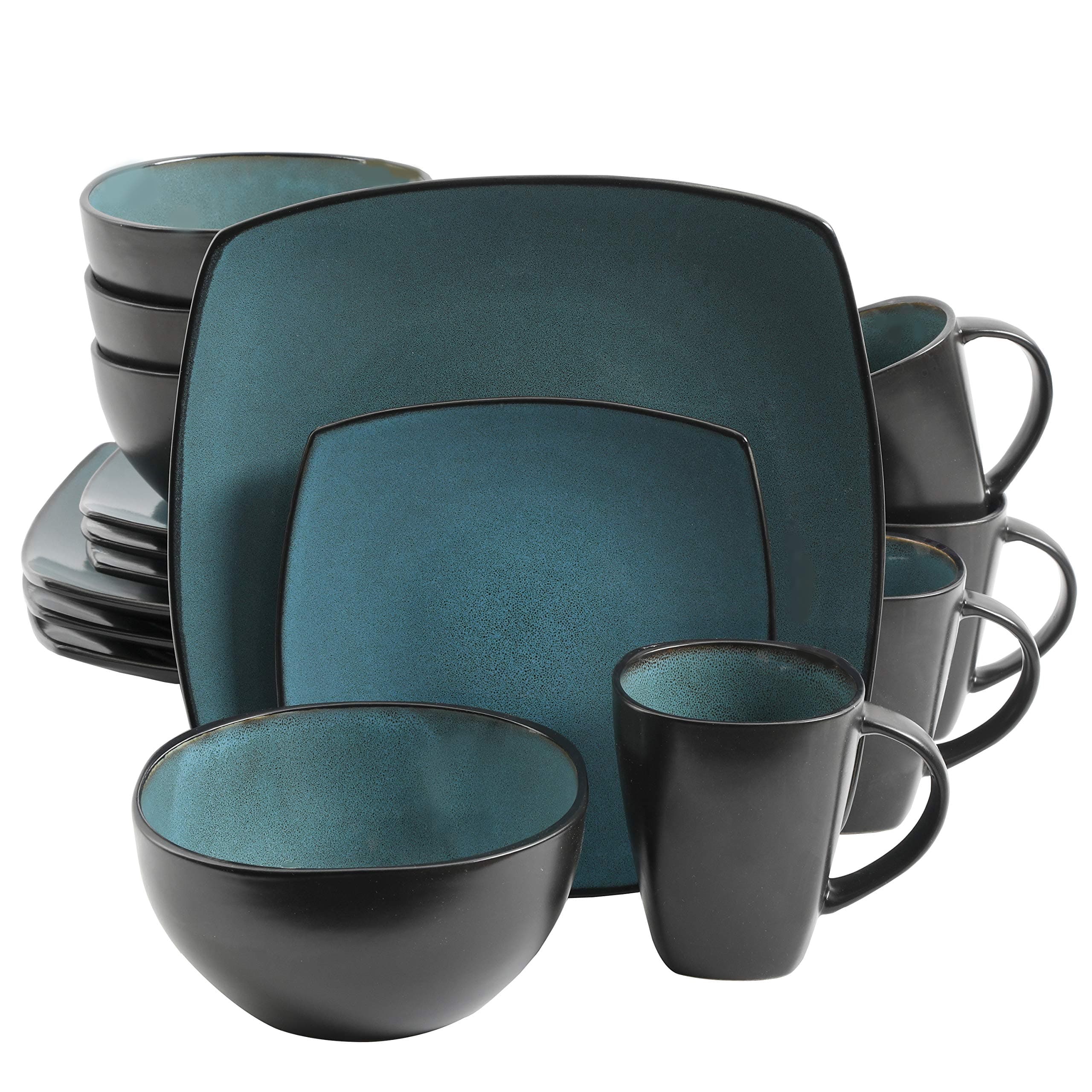 Soho Lounge 16-Piece Reactive Glaze Dinnerware Set – Teal and Black Tutone Stoneware Plates and Bowls