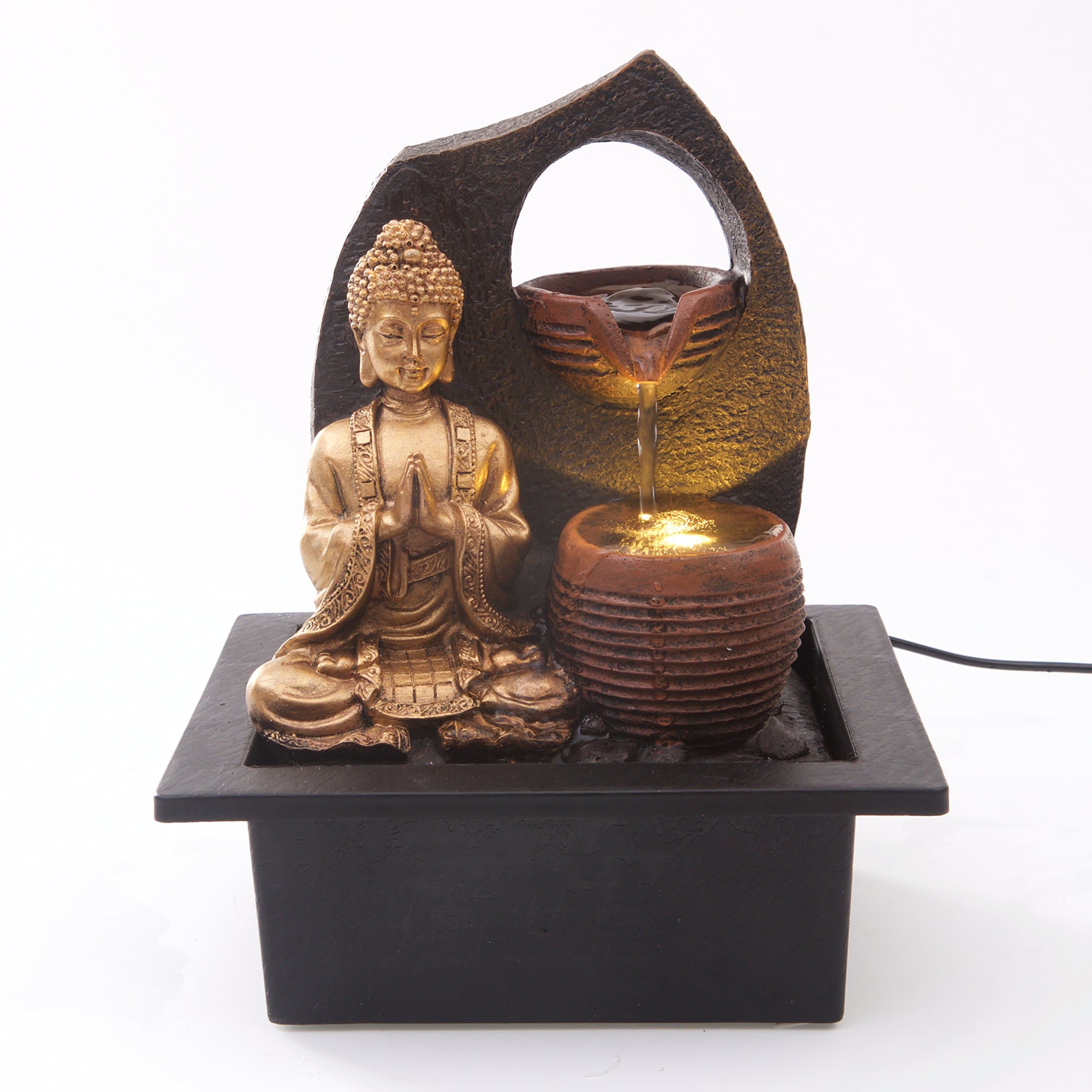 Golden Buddha with 2 Water Cups Indoor Water Fountain with LED Light | Size 21 * 17.5 * 24 Cm | 3 Pin UK Plug Included |