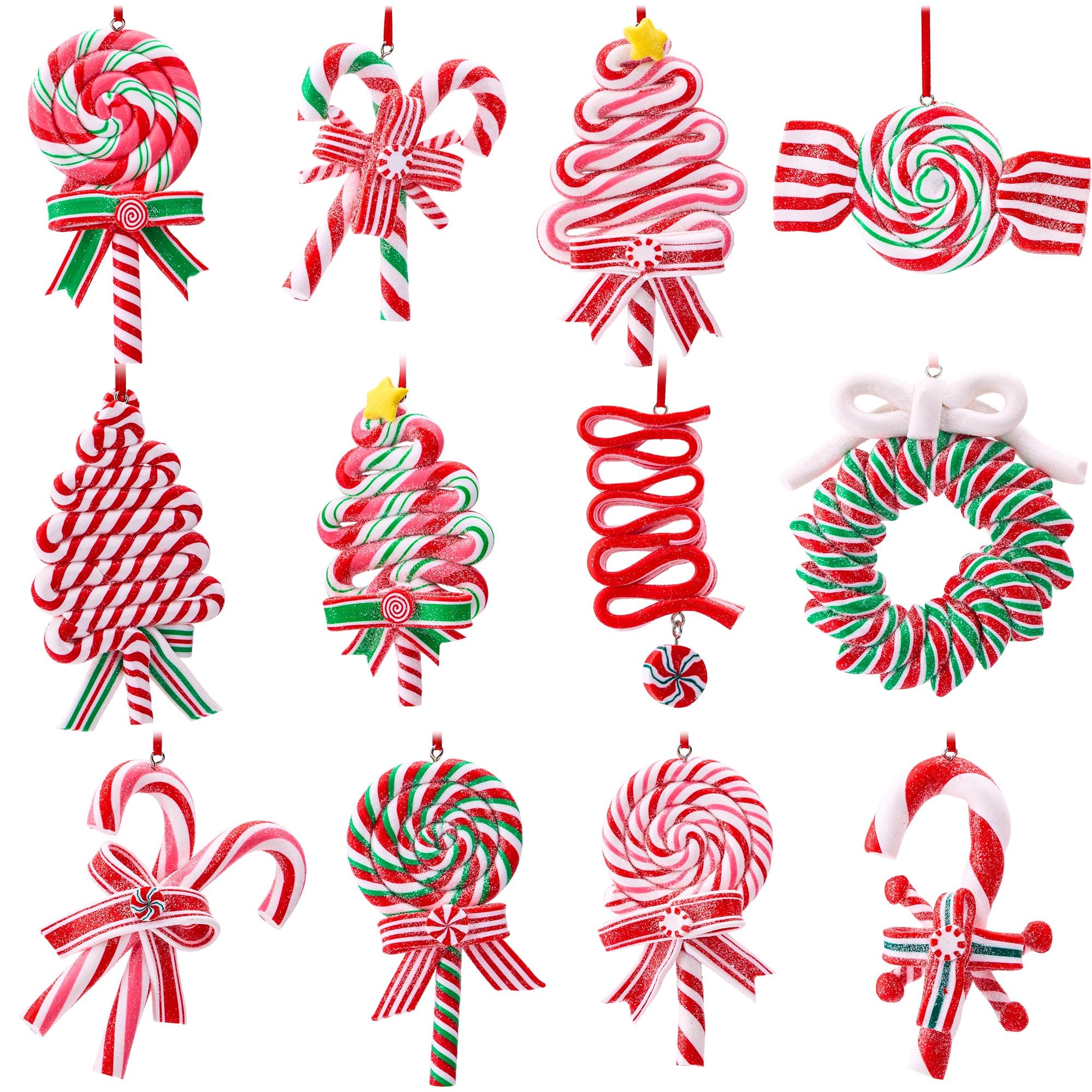 JOIEDOMI 12 Pcs Christmas Candy Cane Ornament with Wreaths, Lollipop, Christmas Trees and Candy Canes Designs Ornaments for Xmas Tree Decoration, Polymer Clay Ornaments for Party Favor
