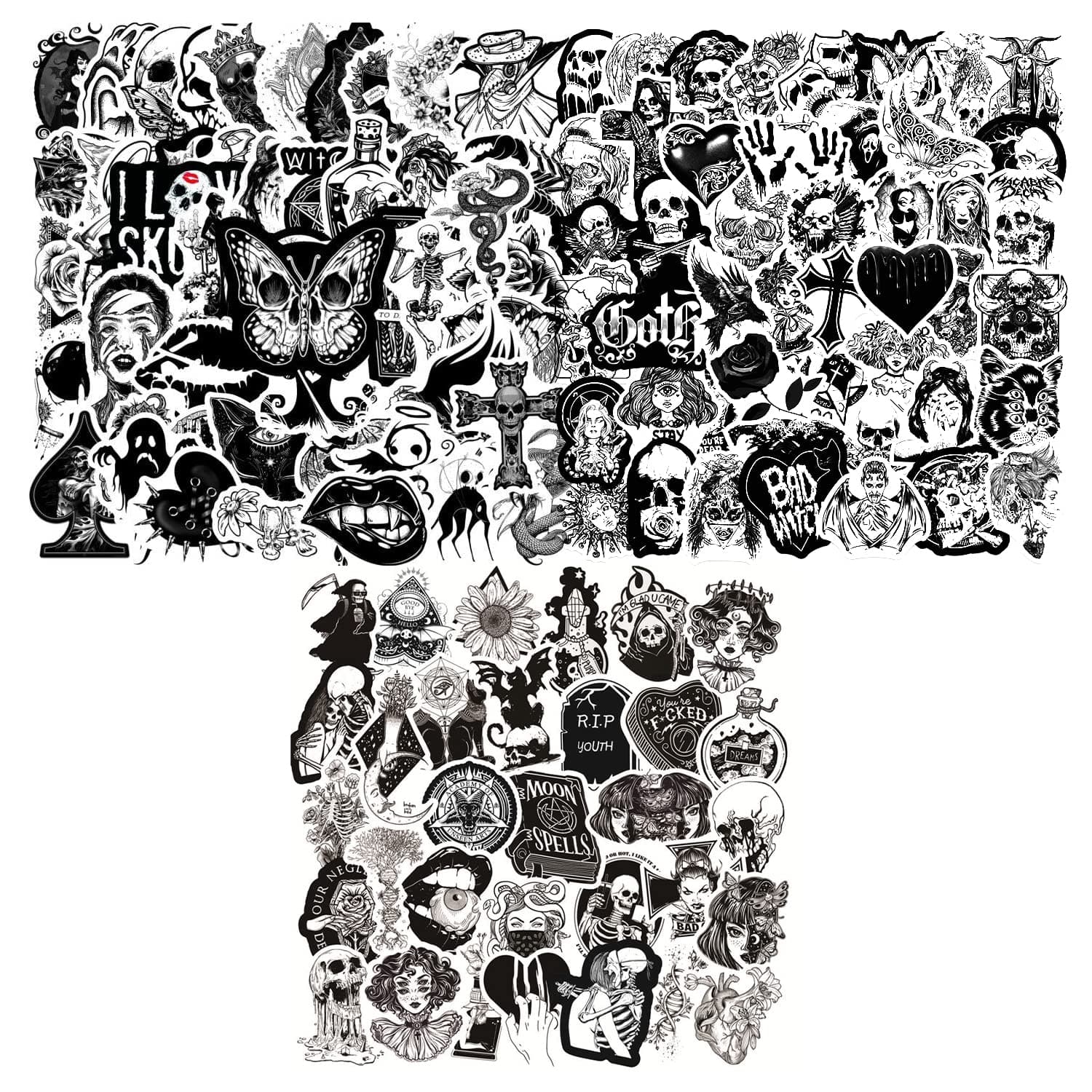 150 Goth Stickers - Black & White Skull Vinyl Punk Gothic Stickers, Halloween & Party Favors, for Notebook, Guitar, Car, Skateboard Decals - Adult & Kids Reusable