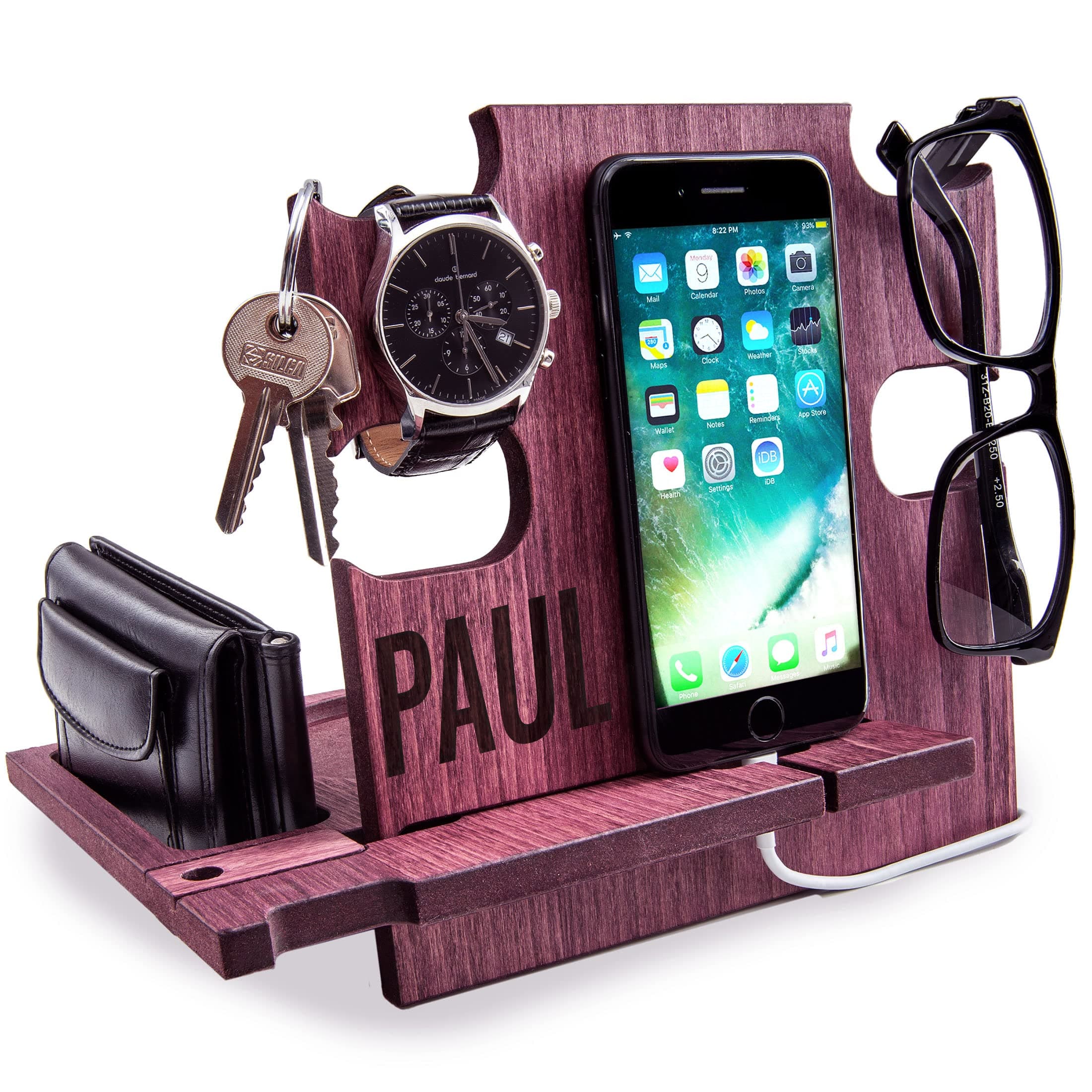 Personalized Gifts for Men, Cell Phone Stand, Wooden Desk Organizer, Phone Dock - Nightstand Charging Station, Phone Holder, Gift Ideas for Christmas, Birthday, Anniversary (Rosewood)