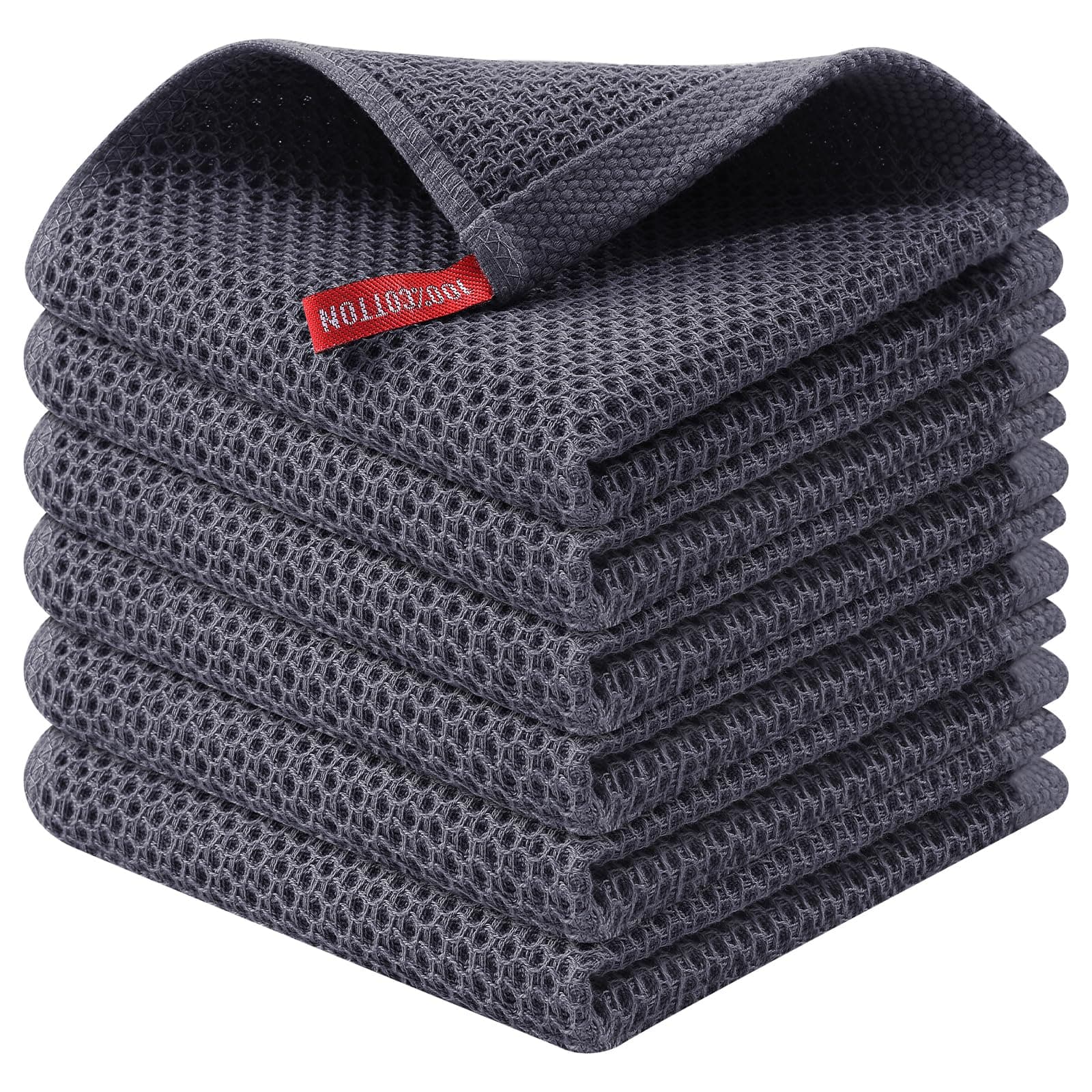Kitinjoy 100% Cotton Kitchen Dish Cloths (12 X 12 Inches, Dark Grey), 6 Pack Waffle Weave Ultra Soft Absorbent Dish Towels for Drying Dishes Quick Drying Kitchen Towels Dish Rags