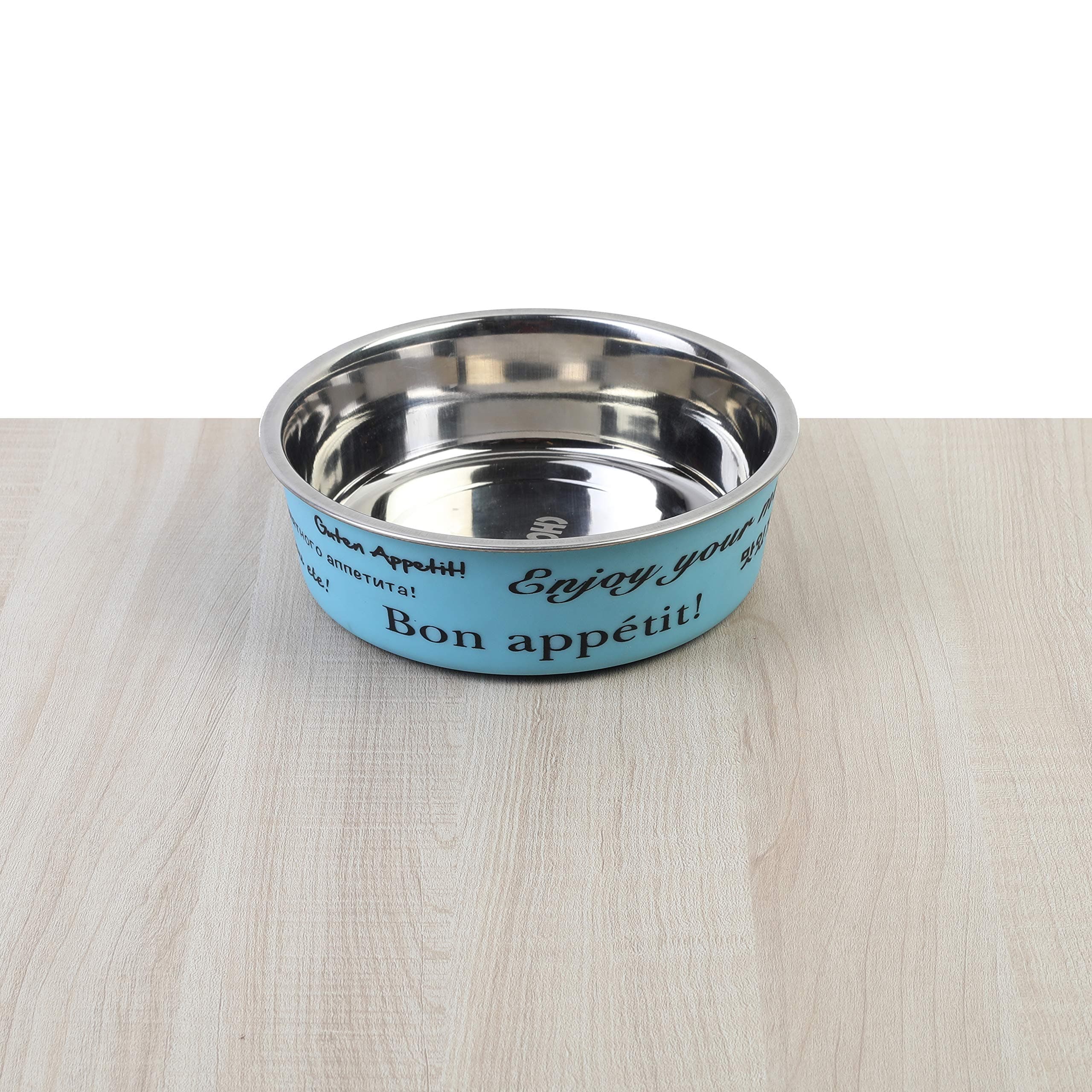 Choostix Dog & Cat Elite Standard Feeding Steel Bowl, Bon Appetit! with TPR (Thermo Plastic Rubber) Bonded Outside,Aqua Blue, Small (295ml)