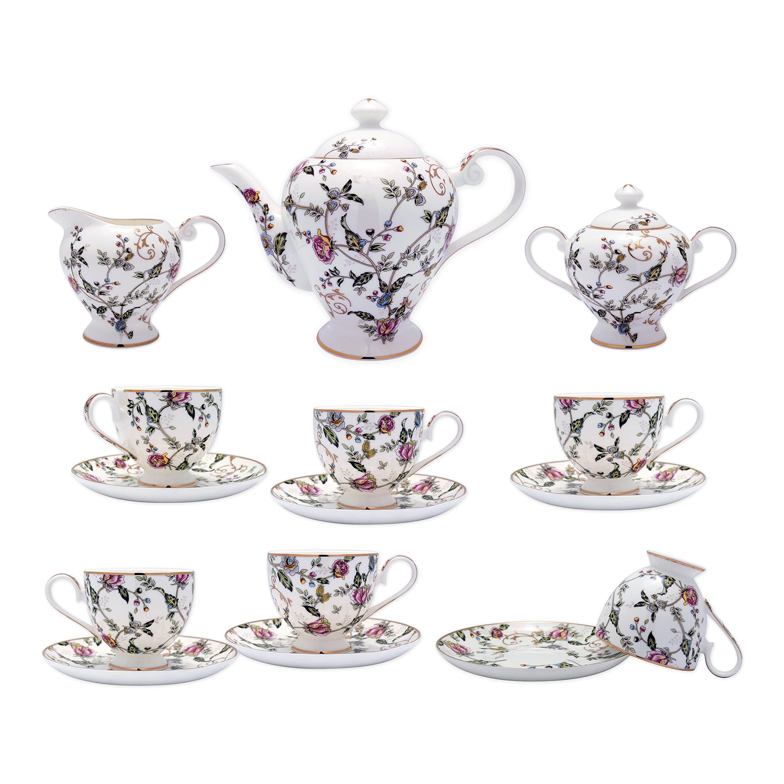 Fine Bone China 15 Piece Coffee Set High Capacity Elegant Floral and Leaf Motif