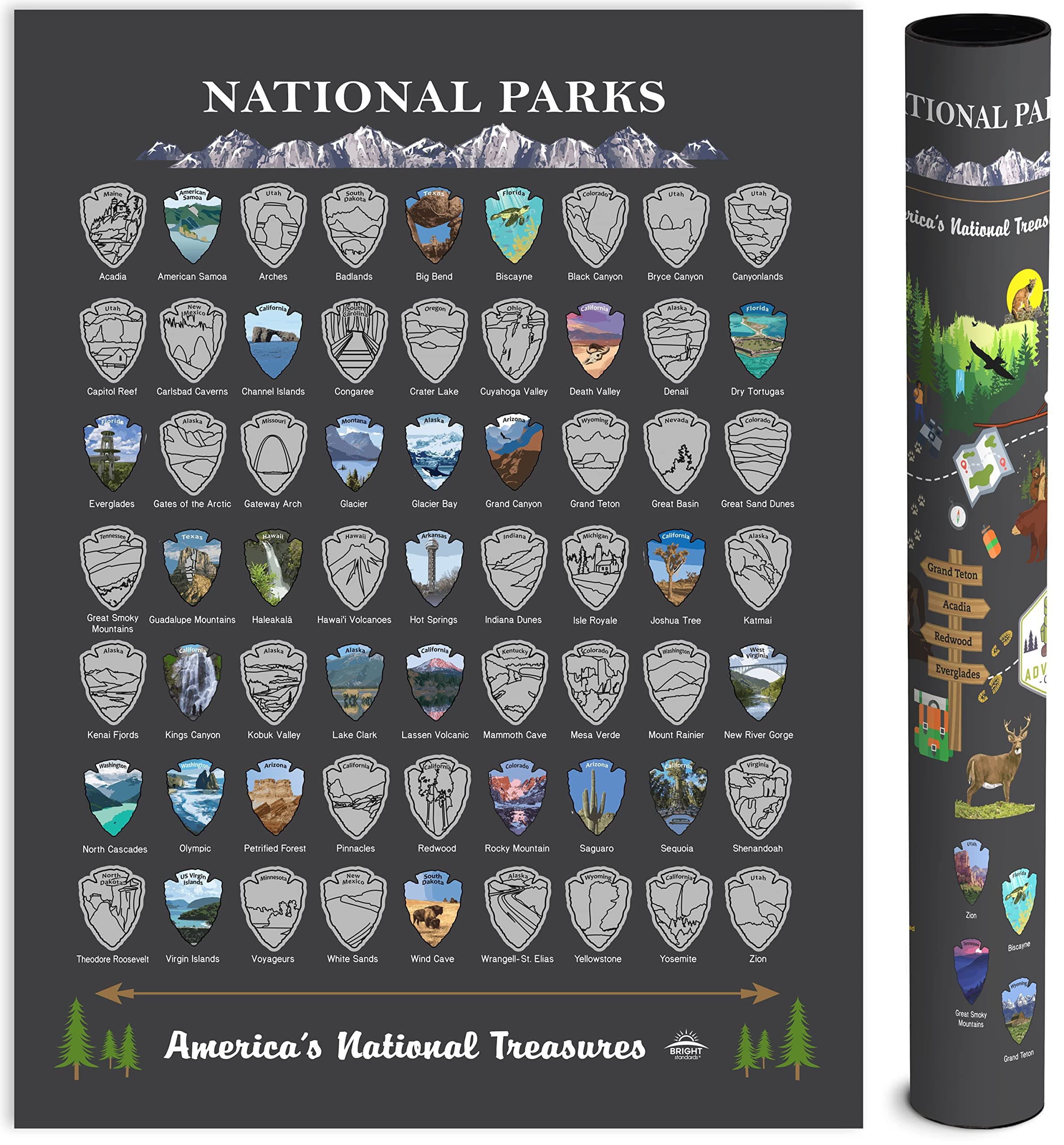 National Parks Scratch Off Map of United States Poster [Charcoal Grey], ALL 63 Parks, US Travel Map Print, USA Gift for Travelers Road Trip Adventure Journal, Fits 12”x16” frame by Bright Standards