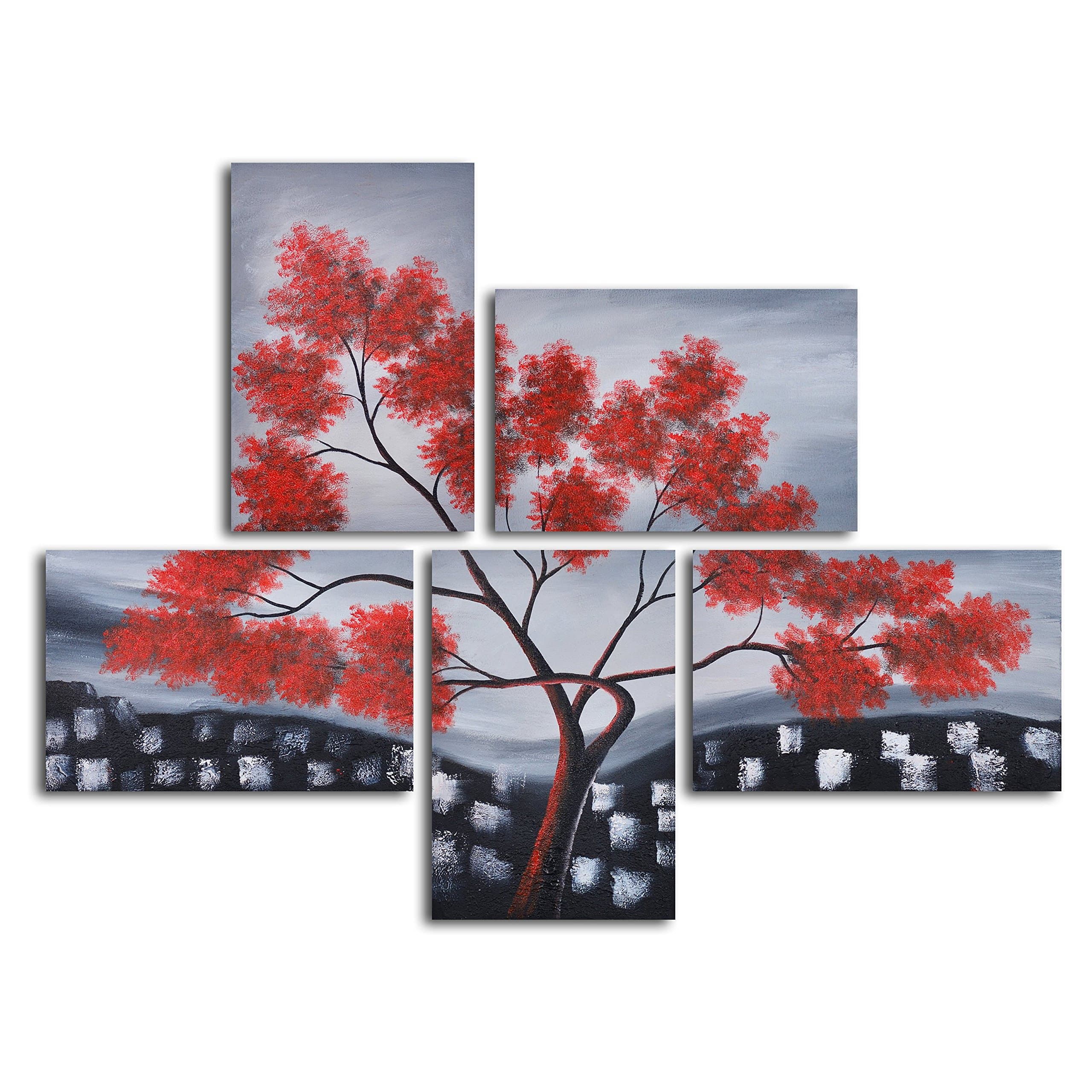 TJie Art Hand Painted Mordern Oil Paintings,Red Leaves Over Rooftops 5-Piece Oil Painted Wall Art Set,Contemporary landscape in red blue and gray, Hand-painted with oils on canvas, Five-piece artwork ships ready to hang stretched over wood frames