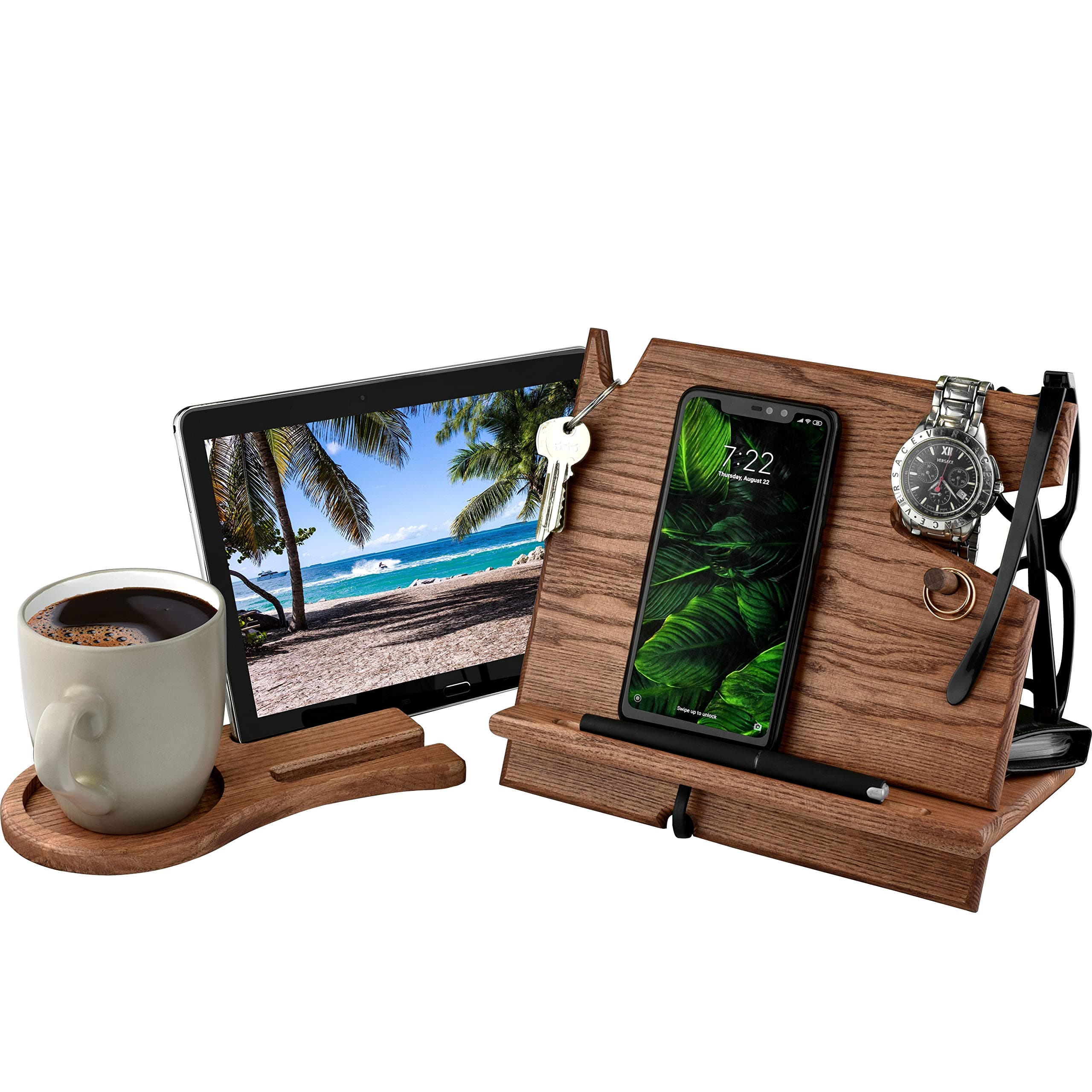 Cell Phone Stand Watch Holder. Men Wood Mobile Base Nightstand Charging Docking Station. Women Accessories Wooden Storage. Funny Bed Side Caddy Valet Happy Birthday Gift (Dark Walnut w/Coaster)