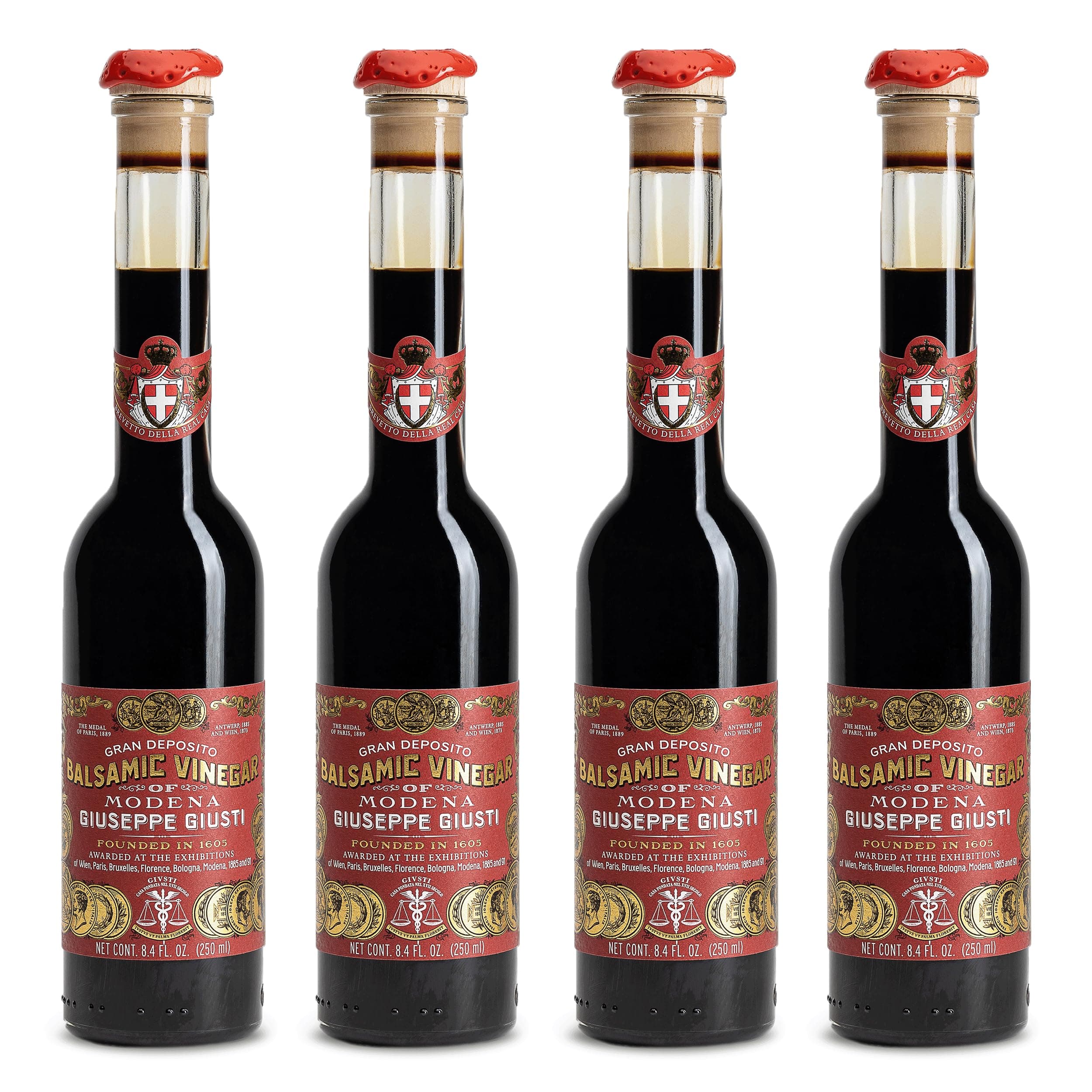 Giusti Balsamic Vinegar of Modena IGP – 3 Gold Medals Gran Deposito, Matured, Thick & Balanced Authentic Italian Gourmet Aceto Balsamico di Modena IGP, Made in Italy – 8.45 fl oz (250 ml) - Pack of 4