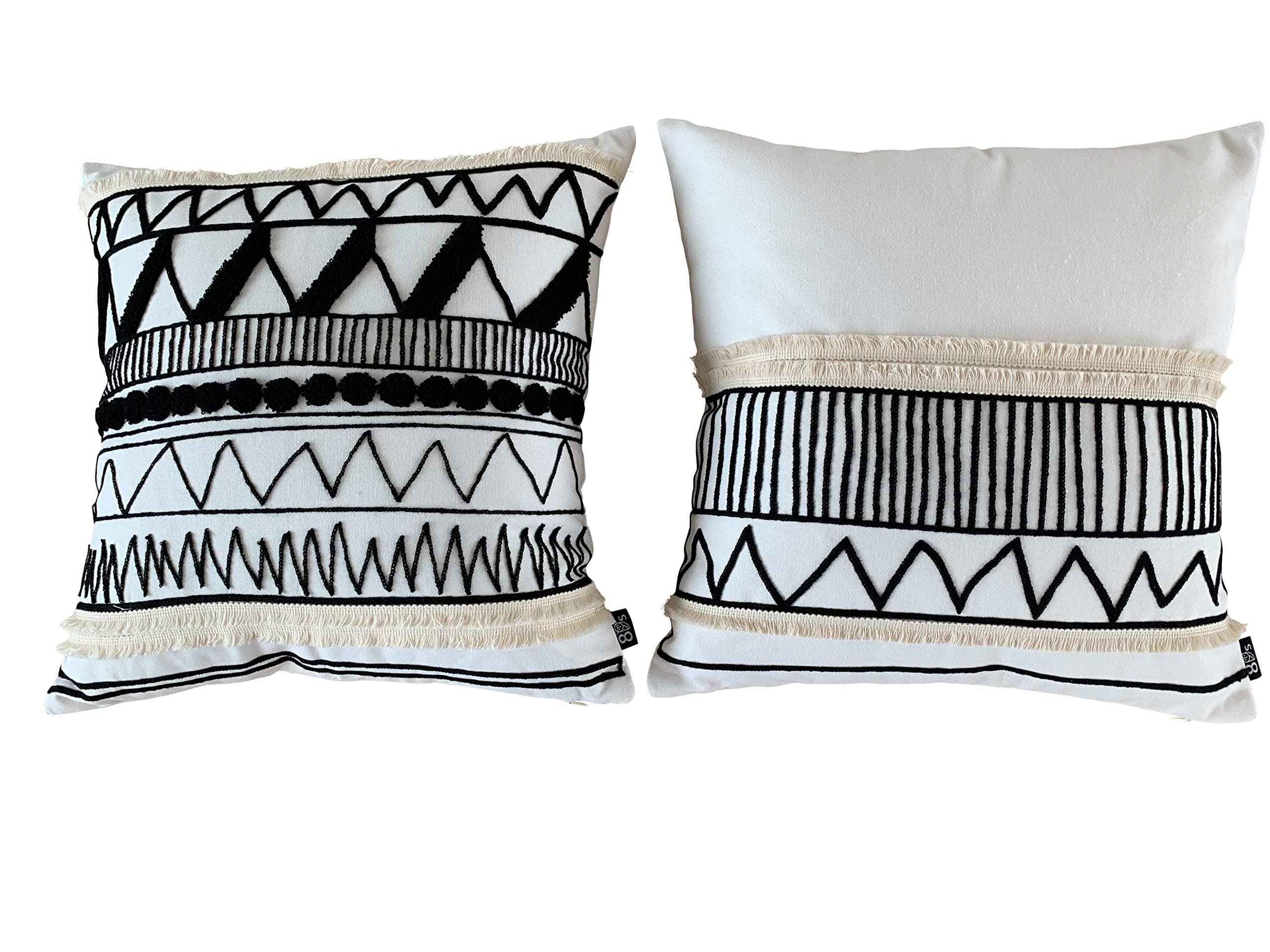 Eight Owls Boho Pillow Covers - 100% Cotton Modern Black and White Decorative Throws with Tassel Fringe - Set of 2