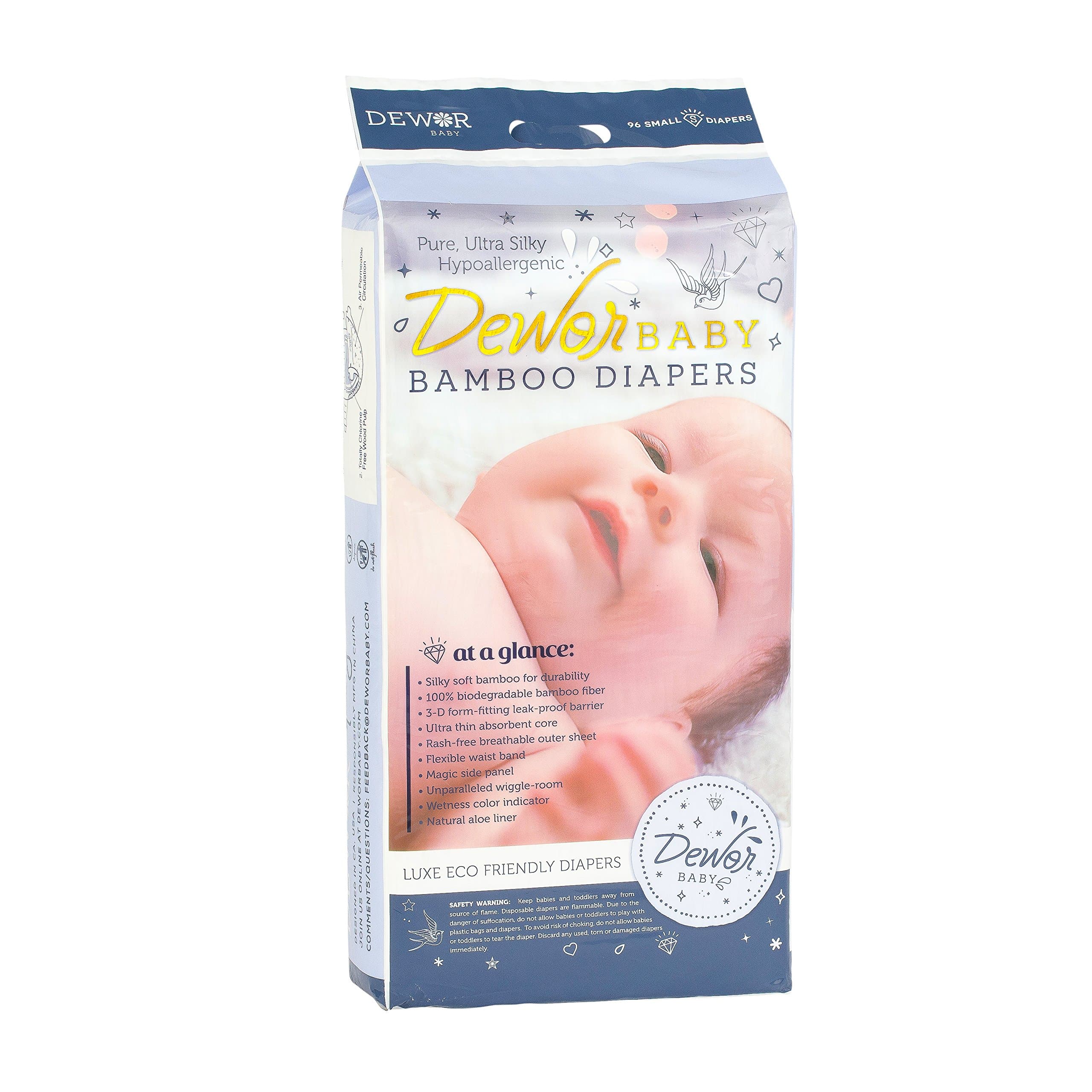 Dewor Baby Premium Bamboo Disposable Diapers, Small (6-16 lbs), 96 Count