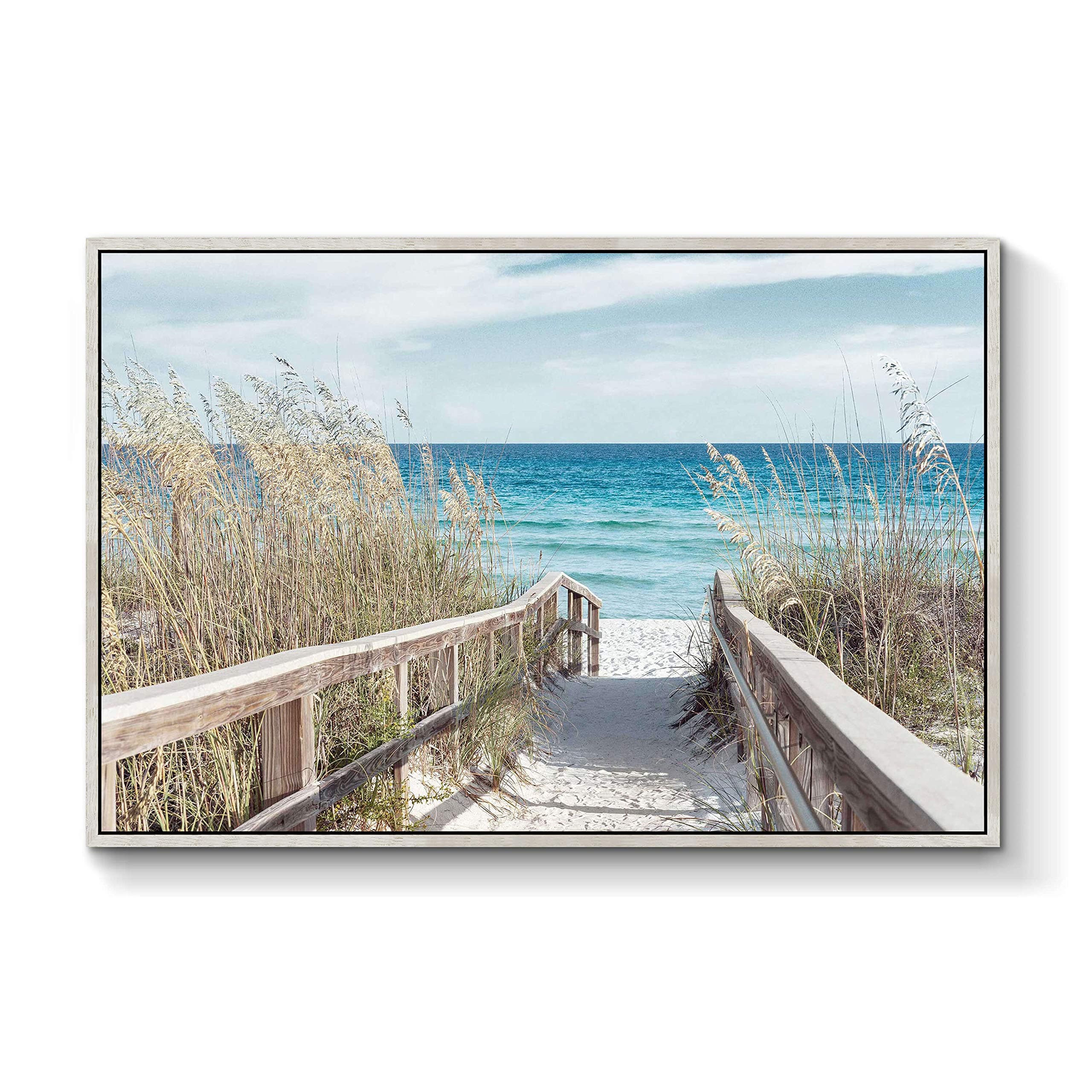 Beach Artwork Seascape Wall Art: Seaside Framed Painting Fence Pathway Picture Print on Wrapped Canvas for Living Room (36''W x 24''H, Multiple Sizes)
