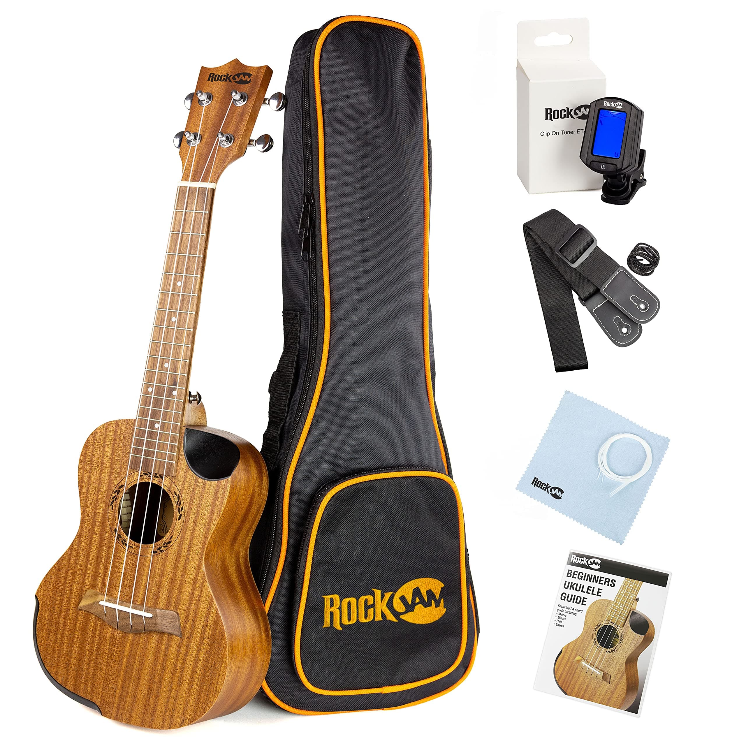 RockJam Premium Concert Ukulele Kit with Tuner, Gig Bag, Strap, Picks & Spare Strings.