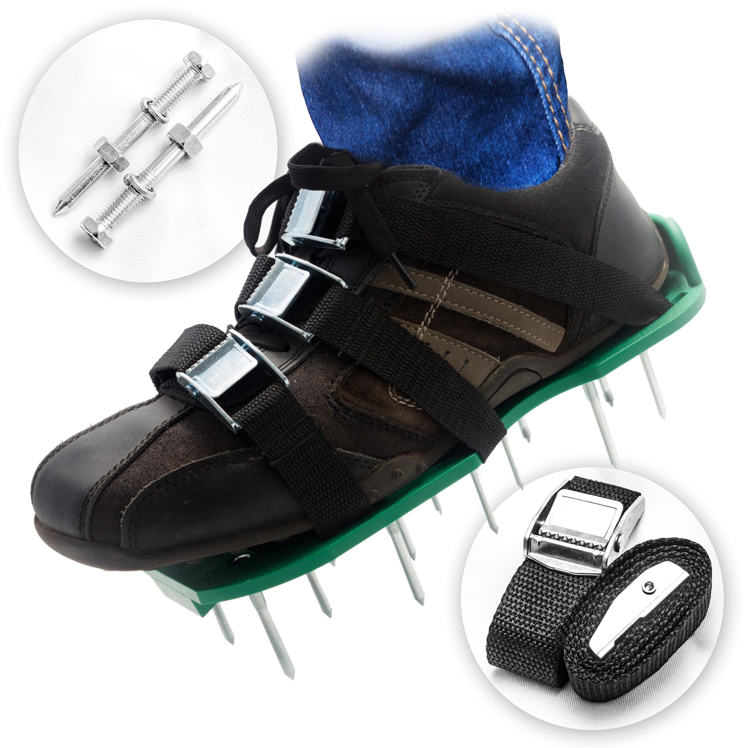 Pre Assembled Lawn Aerator Shoes with 4 Adjustable Straps | Ready to Use Premium Grass Aeration Sandals with Heavy Duty Metal Buckles & Secure Steel Spikes | 4th Strap, Extra Hardware & Instructions